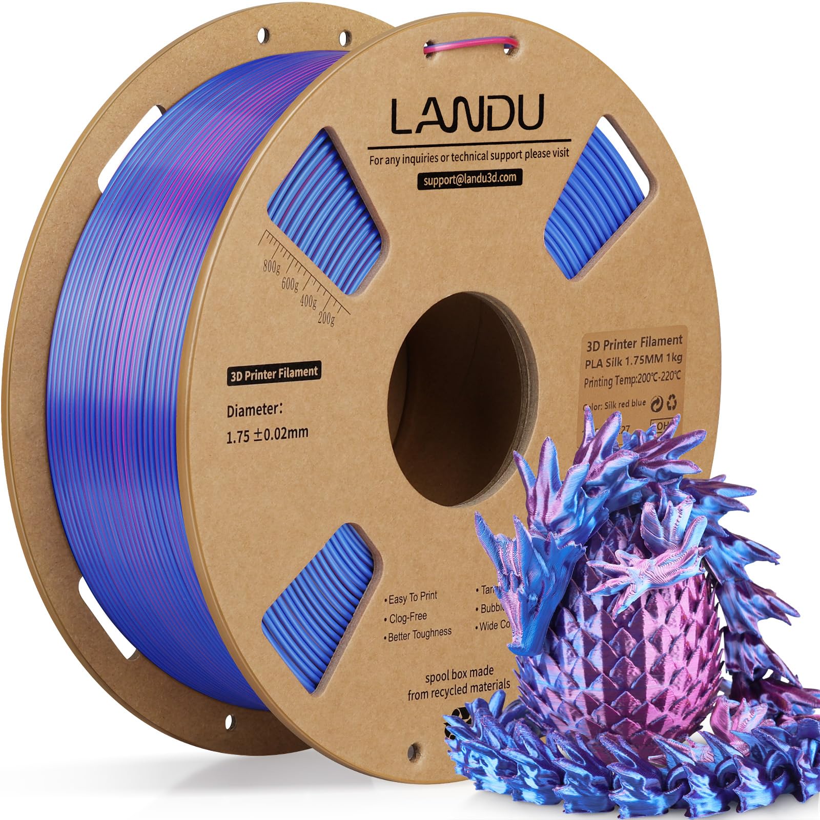 LANDU Silk Dual Color PLA Filament 1.75mm 1KG, 3D Printer Filament Dimensional Accuracy +/- 0.02mm, Coextrusion Filament PLA Shiny Filament Fits for Most FFF 3D Printers,1KG Spool (2.2lbs) Red Blue