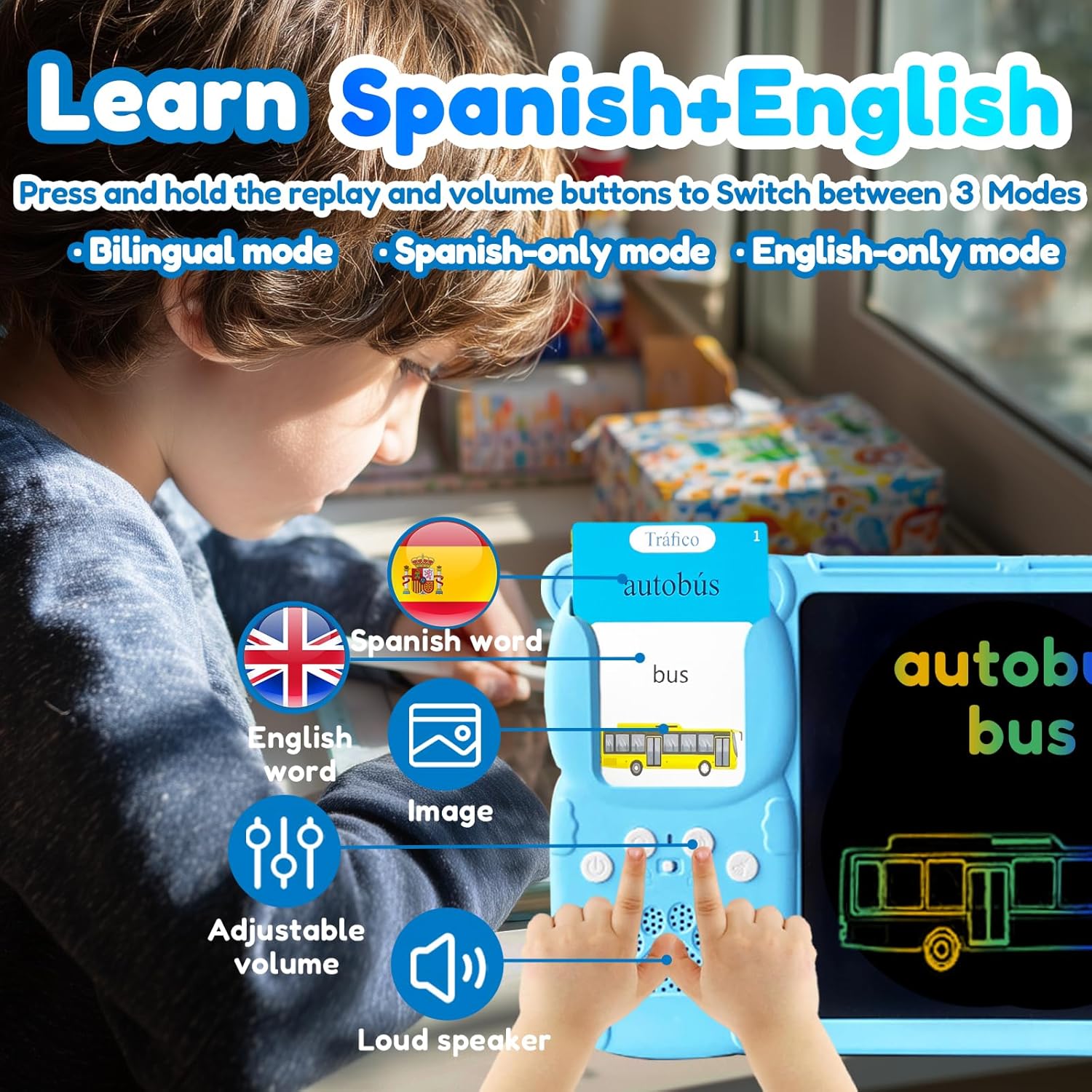 Drawing Tablet with Bilingual Flashcards for Kids - Spanish English Talking Flash Cards, LCD Writing Pad Board, Pocket Speech for Toddlers, Learning Toy Gift for Boys Girls (Spanish, Blue)