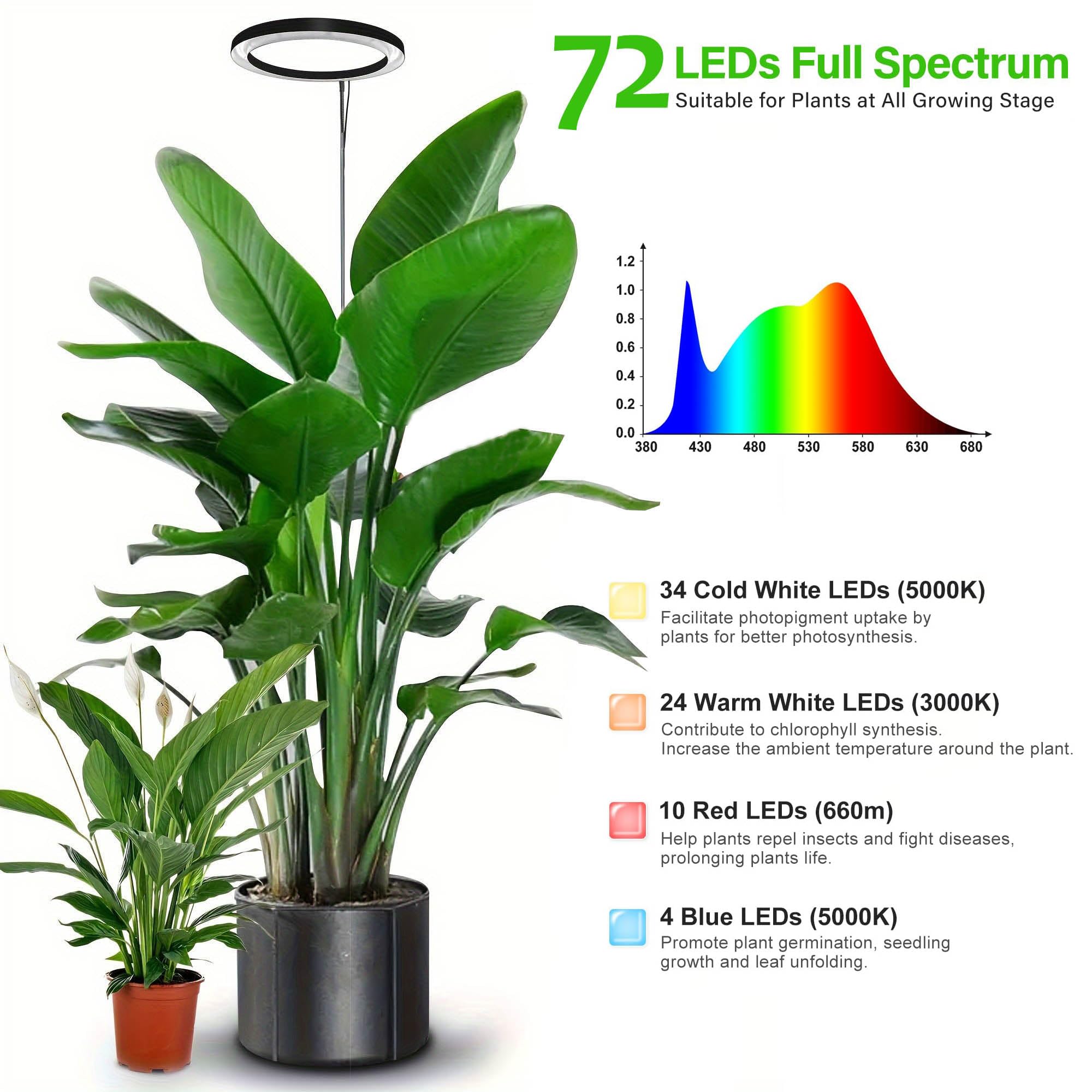 Luz de crecimiento para plantas de interior, luz LED de espectro completo de 6.3 pulgadas, lámpara de crecimiento ajustable de 11.8 a 63 pulgadas de altura con temporizador automático de 3