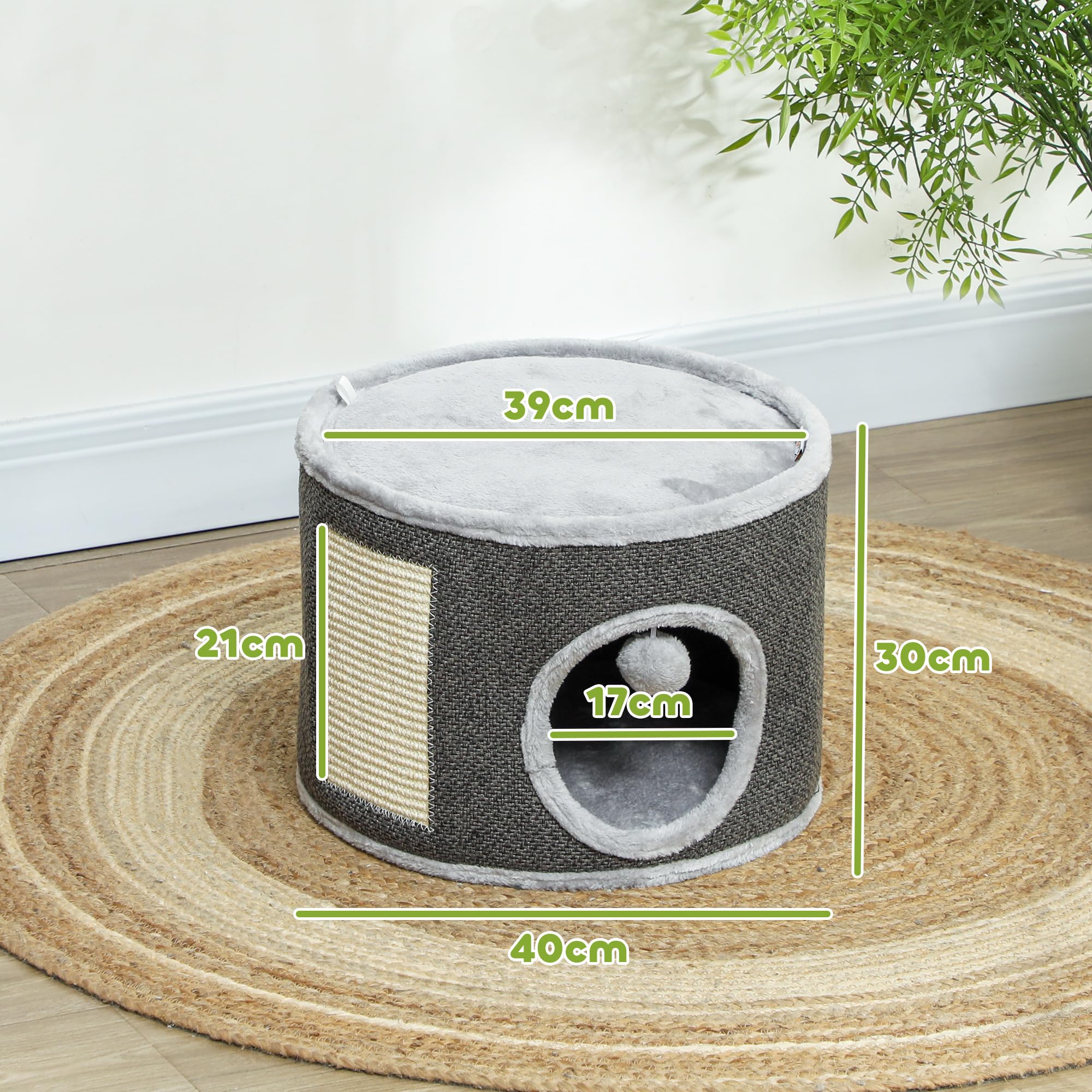 PawHut Tazzone tiragraffi alto 30 cm con grotta albero tiragraffi in sisal per gatti fino a 5 kg, bianco crema