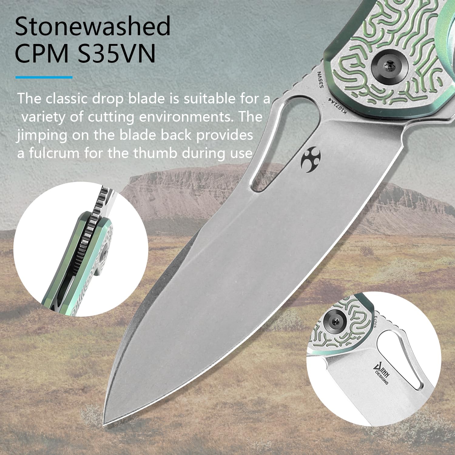 KANSEPT Echis Pocket Folding Knives for Men Women Camping Hiking Folding Knife 3.45'' Stonewashed CPM S35VN Blade Pocket Knife with Green Anodized Textured Titanium Handle Everyday Carry K1071A4