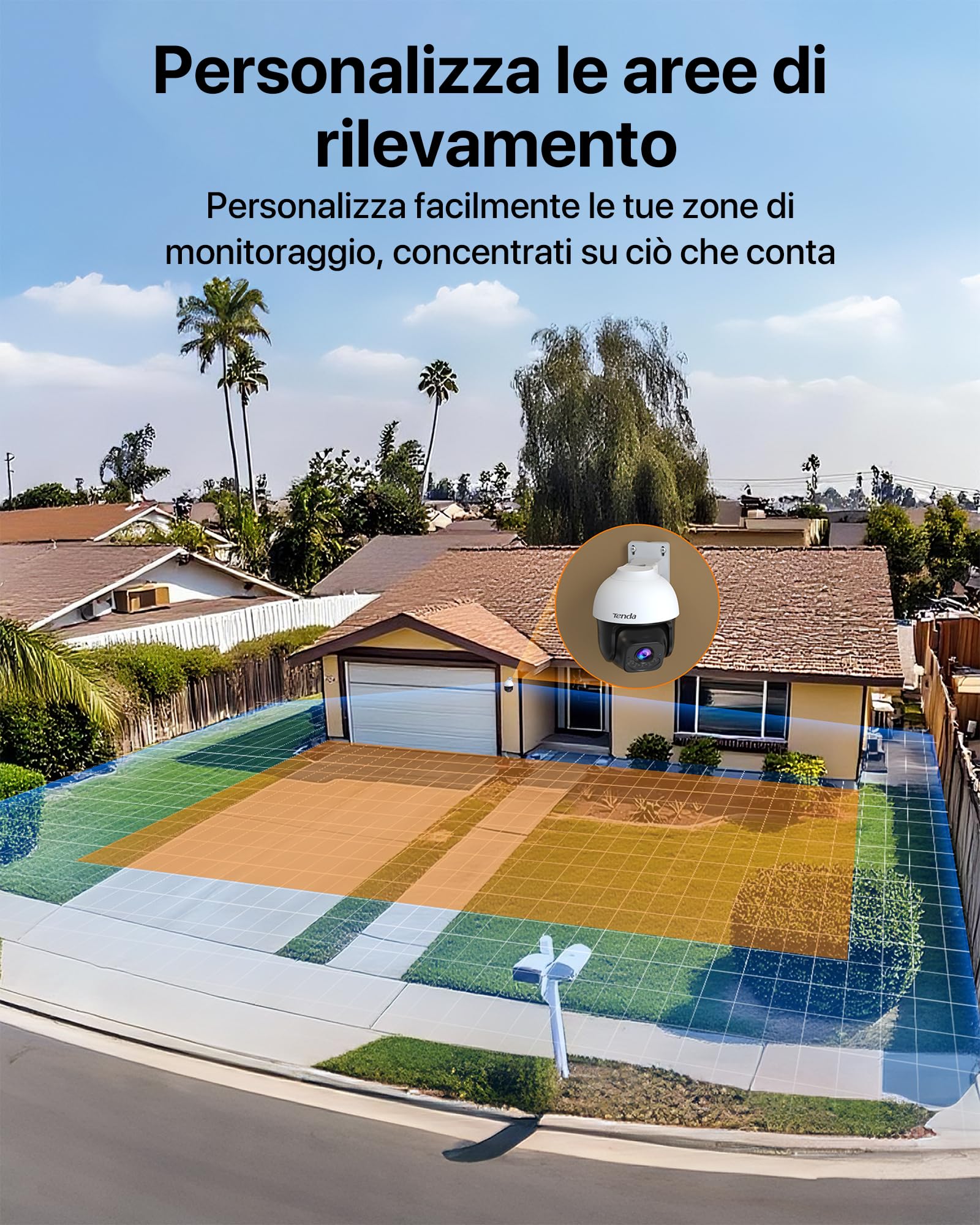 Tenda 5MP 3K Telecamera Wi-Fi Esterno, Wi-Fi 6 Videocamera Sorveglianza Esterna con Visione Notturna a Colori, 360° PTZ Auto Tracking, Rilevamento Umano/Veicoli AI, Solo 2.4GHz WiFi, Compatibile Alexa