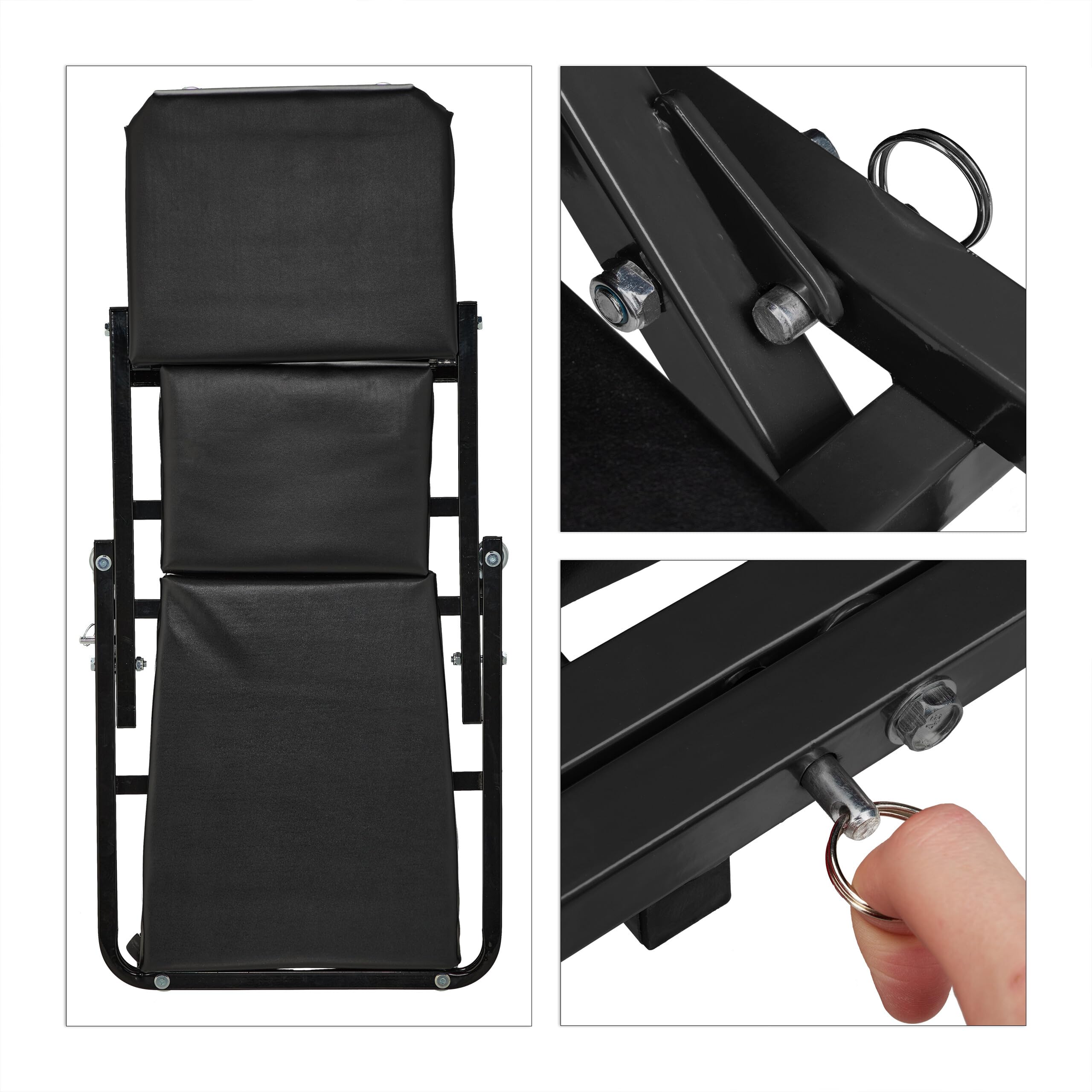 Relaxdays Camilla de Mecánico con Ruedas, Resiste 150 kg, Taburete Taller 2 en 1, Plegable, Giro 360º, para Coche, Negro
