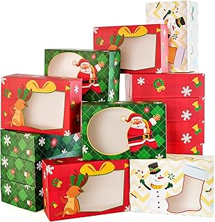 JOYIN 24PCS Christmas Cookie Boxes for Gift Giving, 8.75" x 5.75" x 2.75" Xmas Holiday Bakery Treat Boxes with Window, Kraft Cookie Tin Containers Box for Baked Goods, Cupcake, Pastry, Candy, Doughnut