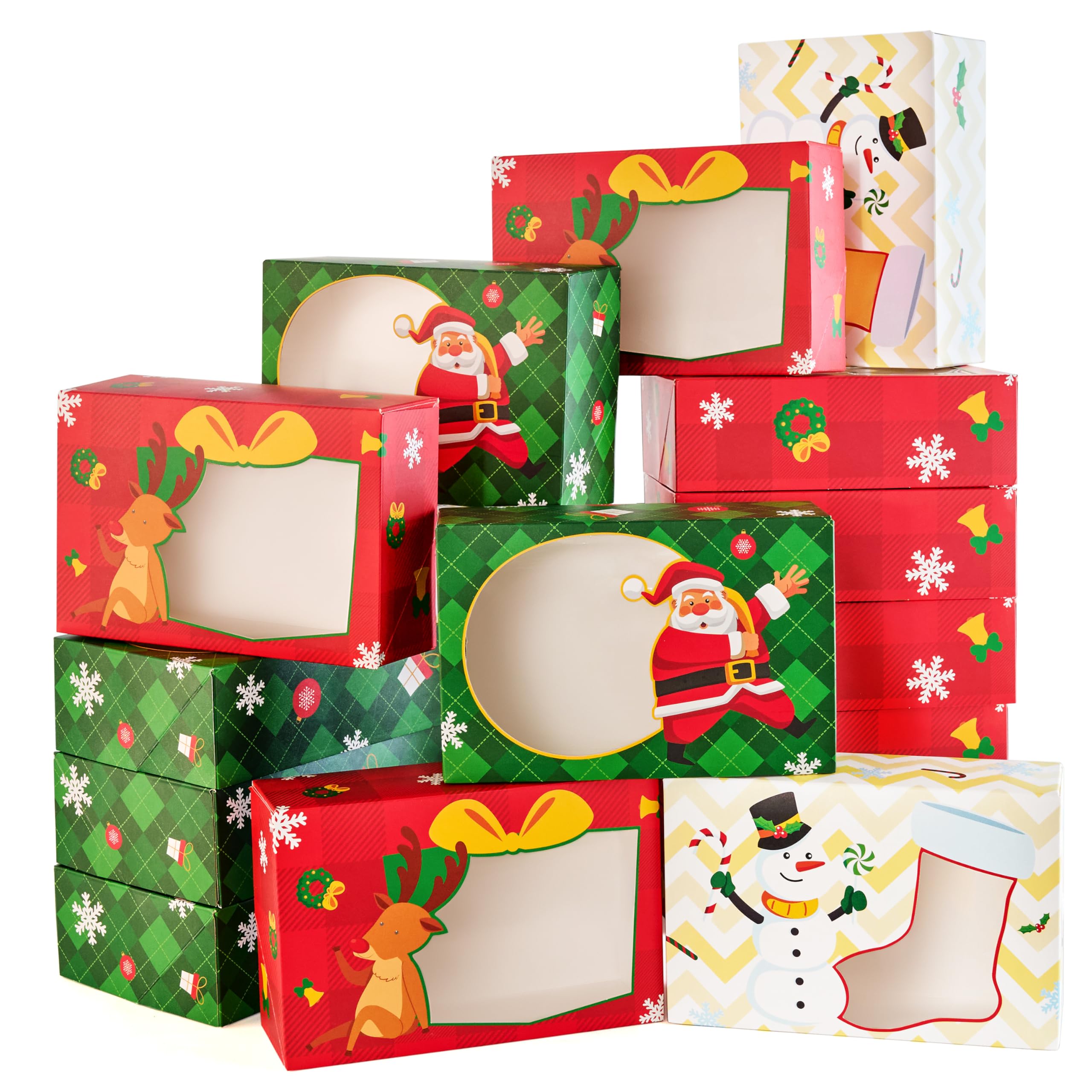 Joyin Multicolor 24 Pcs Christmas Cookie Boxes, Gold Foil Treat Boxes With Windows 9" X 6.2" X 3" Bakery Gift Wrapping Box For Xmas Holiday Party Favor Pastries, Cupcakes, Cookies, Brownies, Donuts Gift-Giving