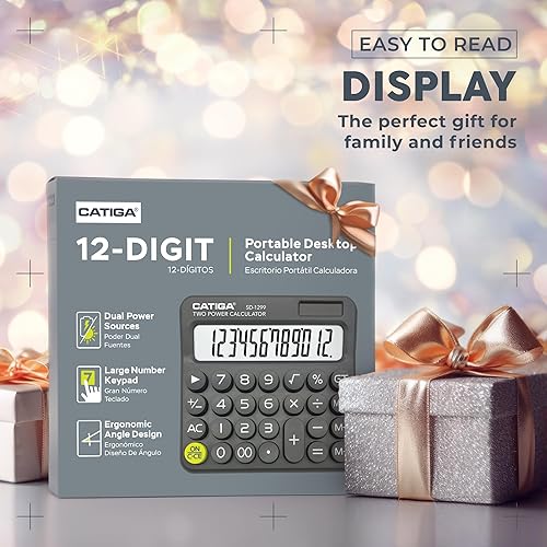 Miniatura 2 de CATIGA Calculadora de interruptor mecánico con energía solar y batería doble, pantalla LCD grande de 12 dígitos, calculadora de escritorio estética