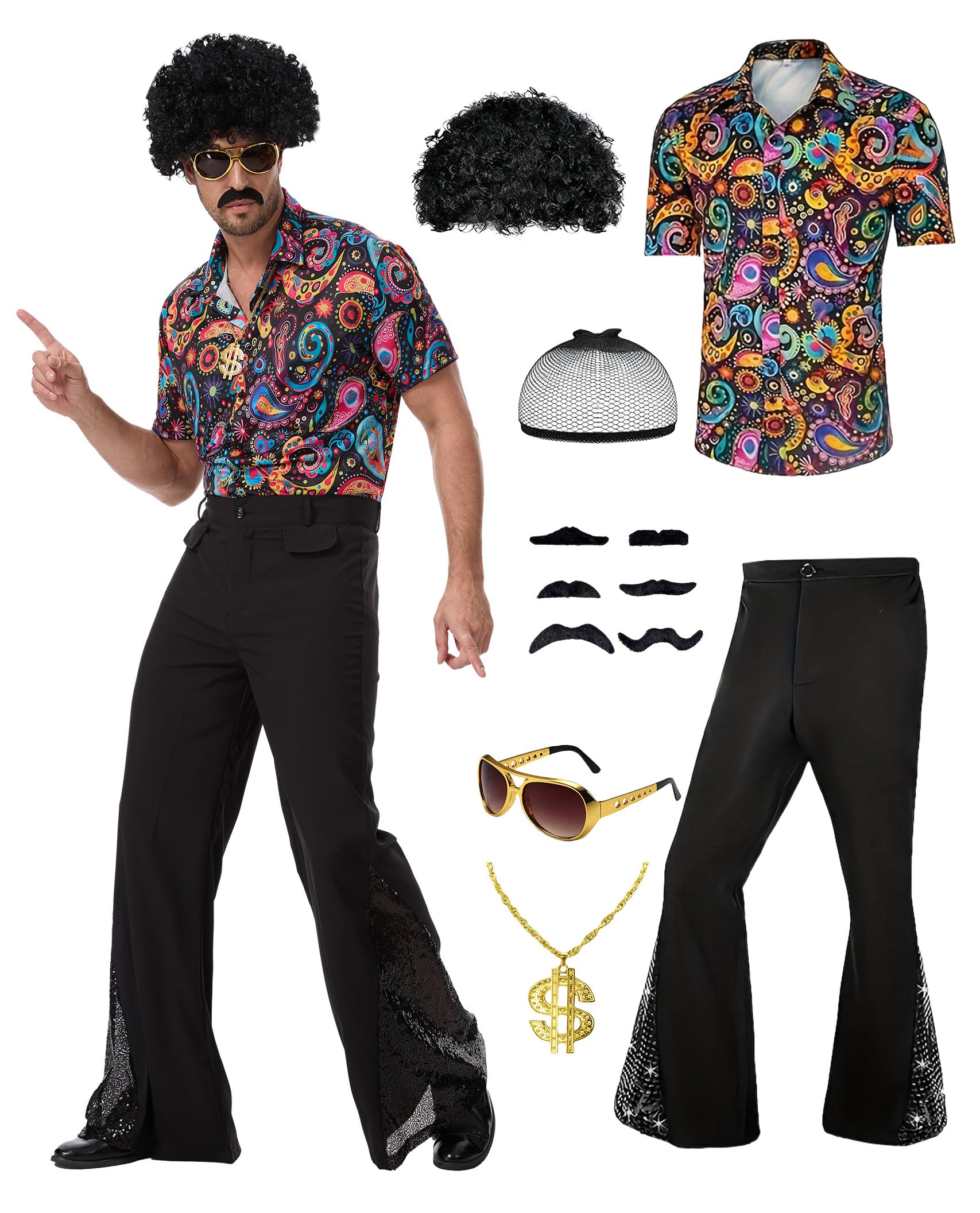 PQCXXA Men's 70s Disco Costume Set - Gold Sequin Shirt & Black Flared Trousers with Dollar Necklace, Sunglasses, Afro Wig & Moustache - Retro 1970s Fancy Dress Outfit for Men (Flower, XXL)