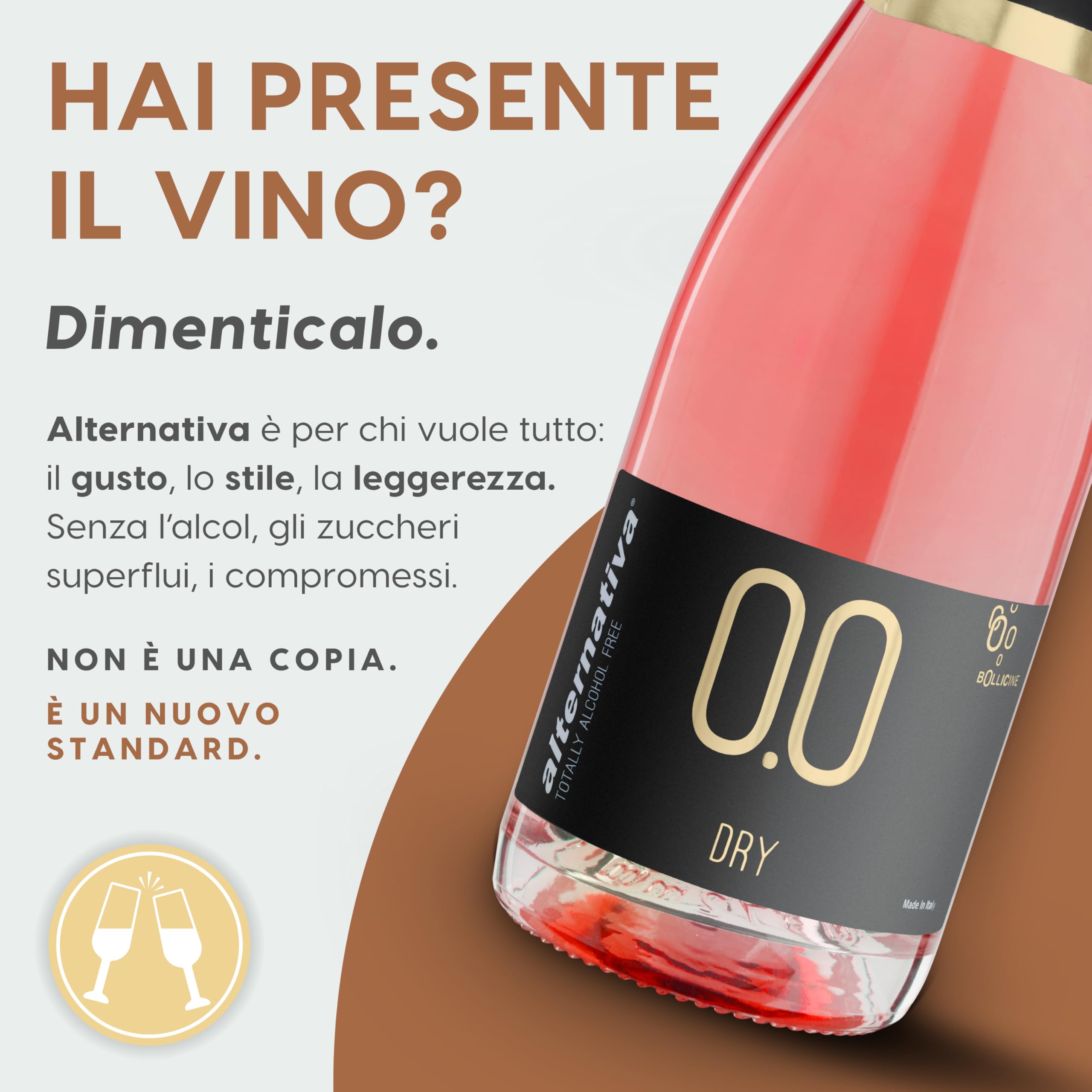 ALTERNATIVA Rosato Dry Frizzante Analcolico 0.0% - Bollicine Senza Alcol, Dealcolato Italiano - Ideale per Celebrazioni e Regali - Confezione da 6 Bottiglie da 750ml Alcool Free
