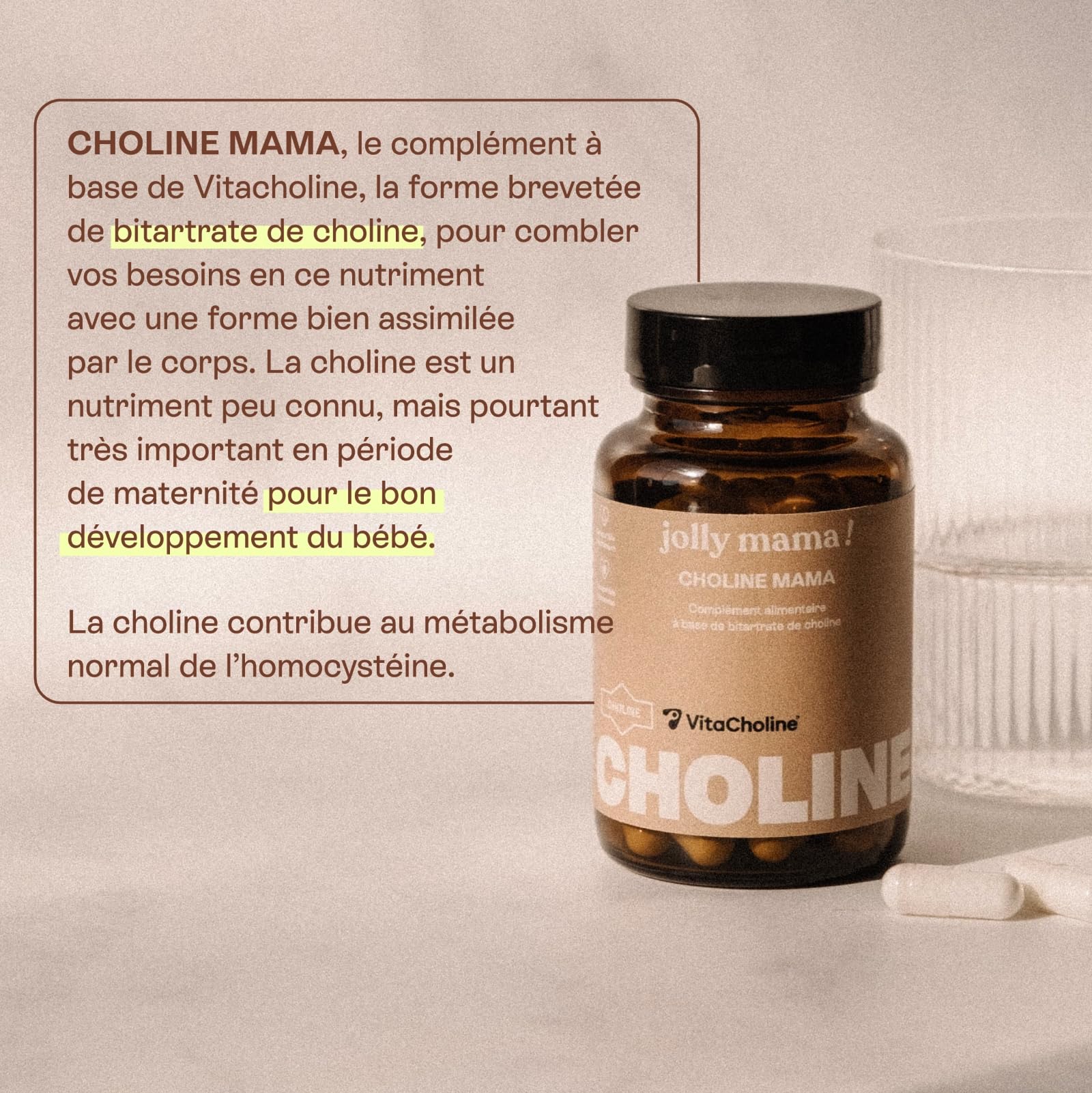 Jolly mama! Choline Mama | Bitartrate de Choline Brevetée | Vitacholine | Hautement Assimilable | Compatible Grossesse et Allaitement | Fabriqué en France | 60 Gélules