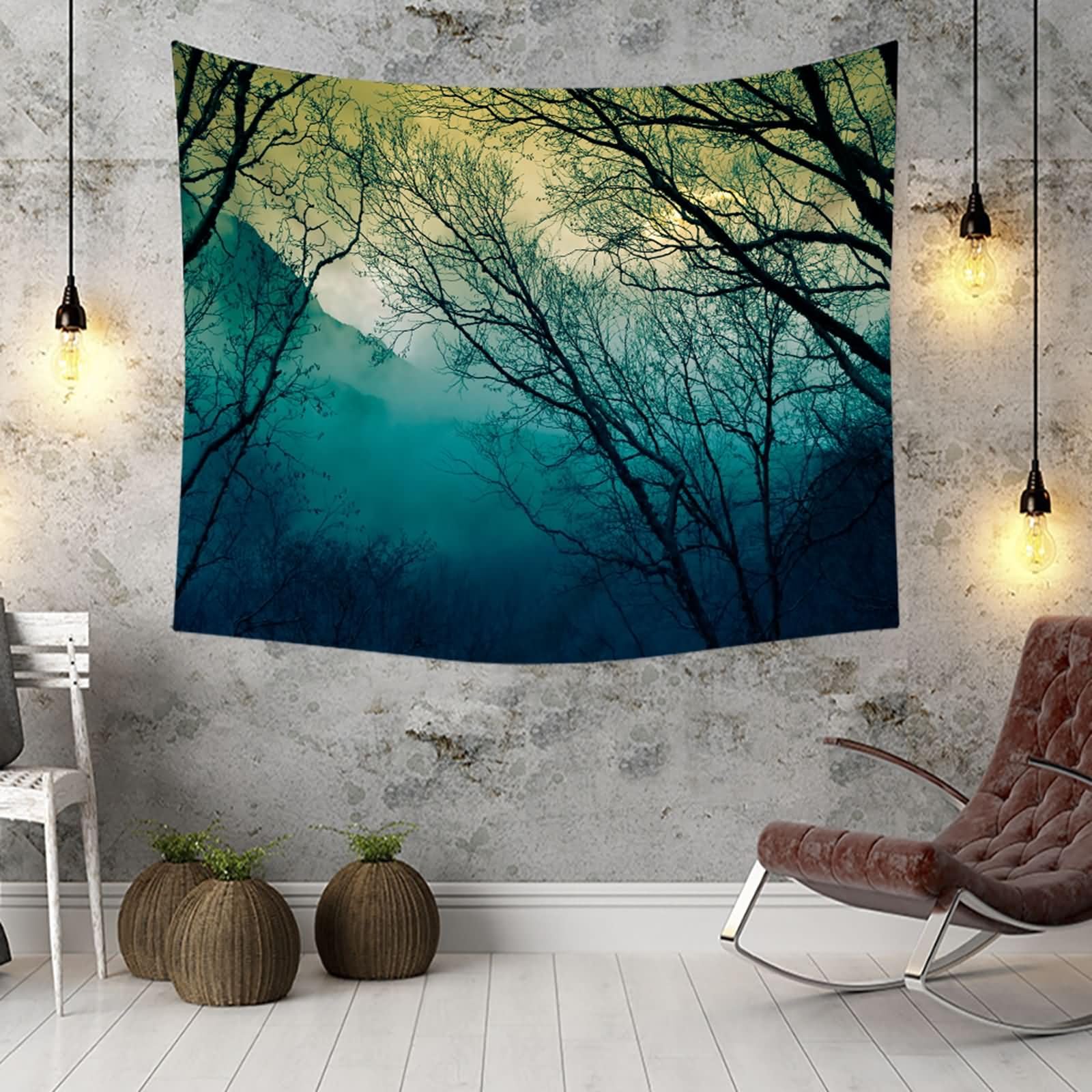 Homxi Tappeto da Parete Decorazione per Cameretta 200 W x 200 H CM, Paesaggio di Boschi Nebbiosi, Arazzo da Salotto Poliestere, Grigio Verde