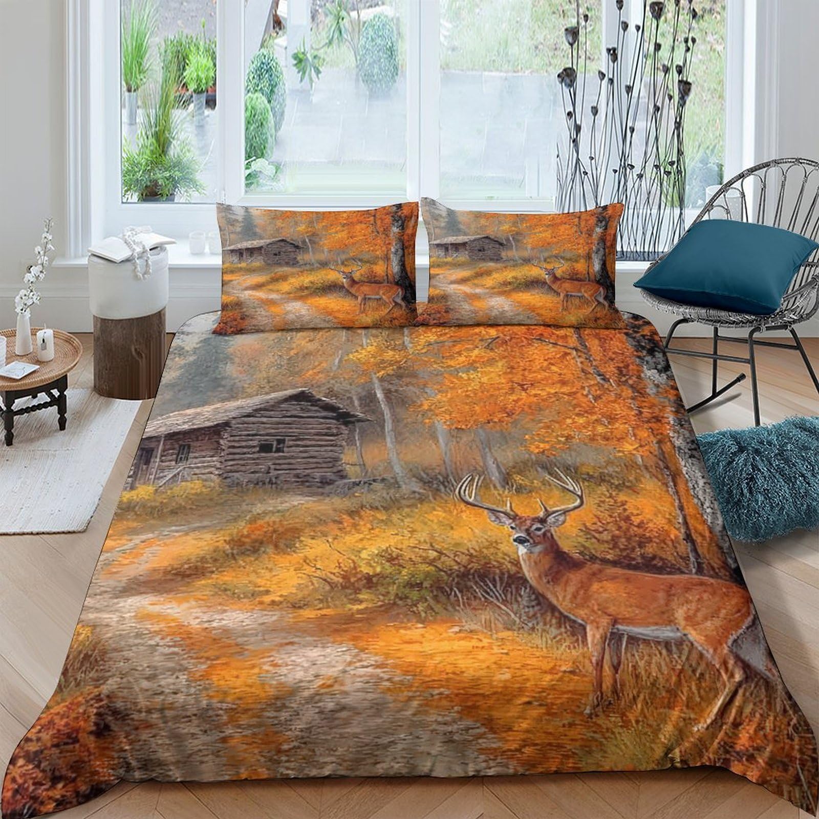 Ctjqhvkz Style-7 3D Printed Autumn Forest Deer Fitted Sheet Microfiber Soft Breathable Cabin Scene Mattress Cover For Bedroom Guest Room Decor Single（135X200cm）