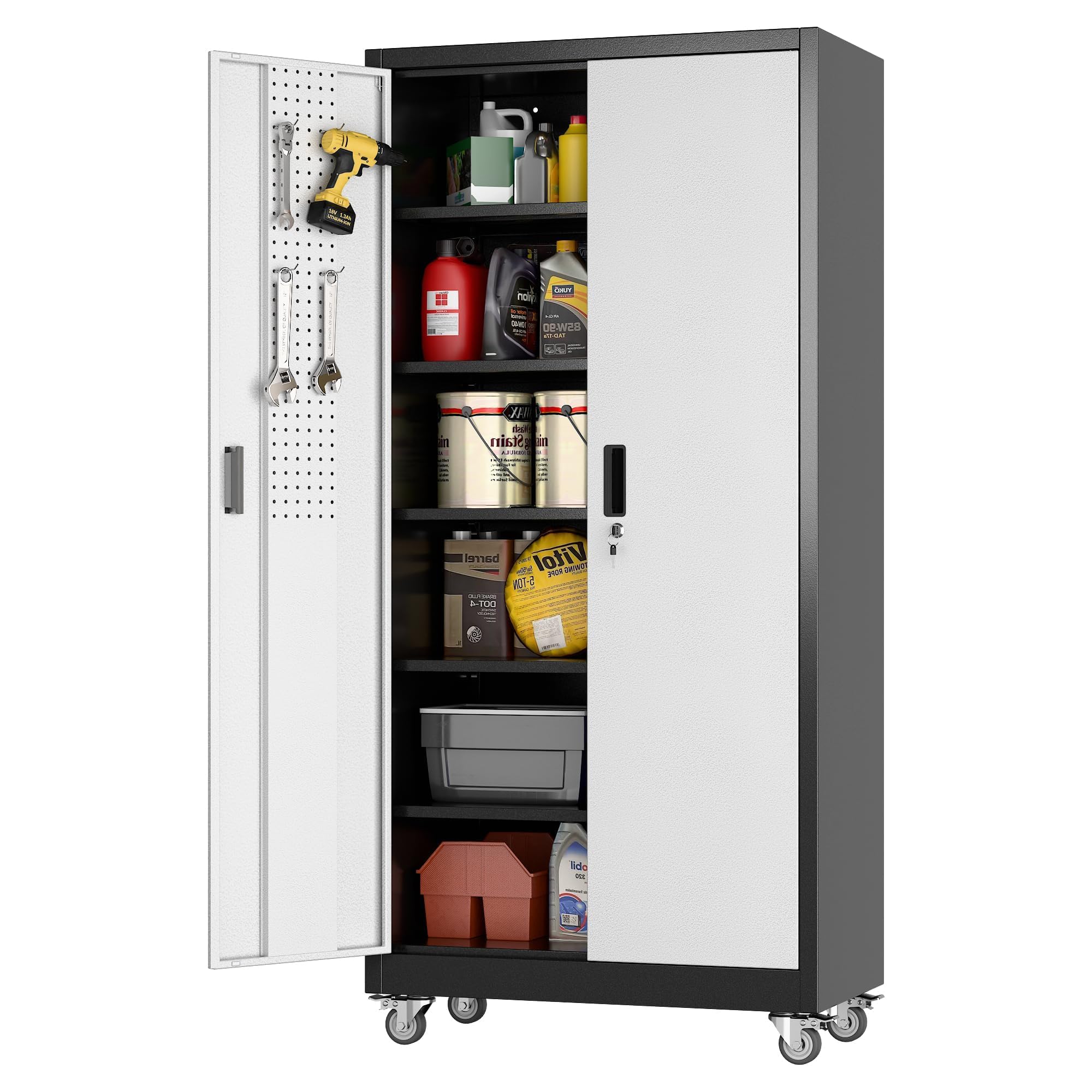 SUXXAN Garage Storage Cabinet with Pegboard and 5 Adjustable Shelves, 71'' x 34'' x 18''Metal Lockable Cabinet with Magnetic Doors,Tool Storage,Home Office Garage,Gym,School (Black-Silver)