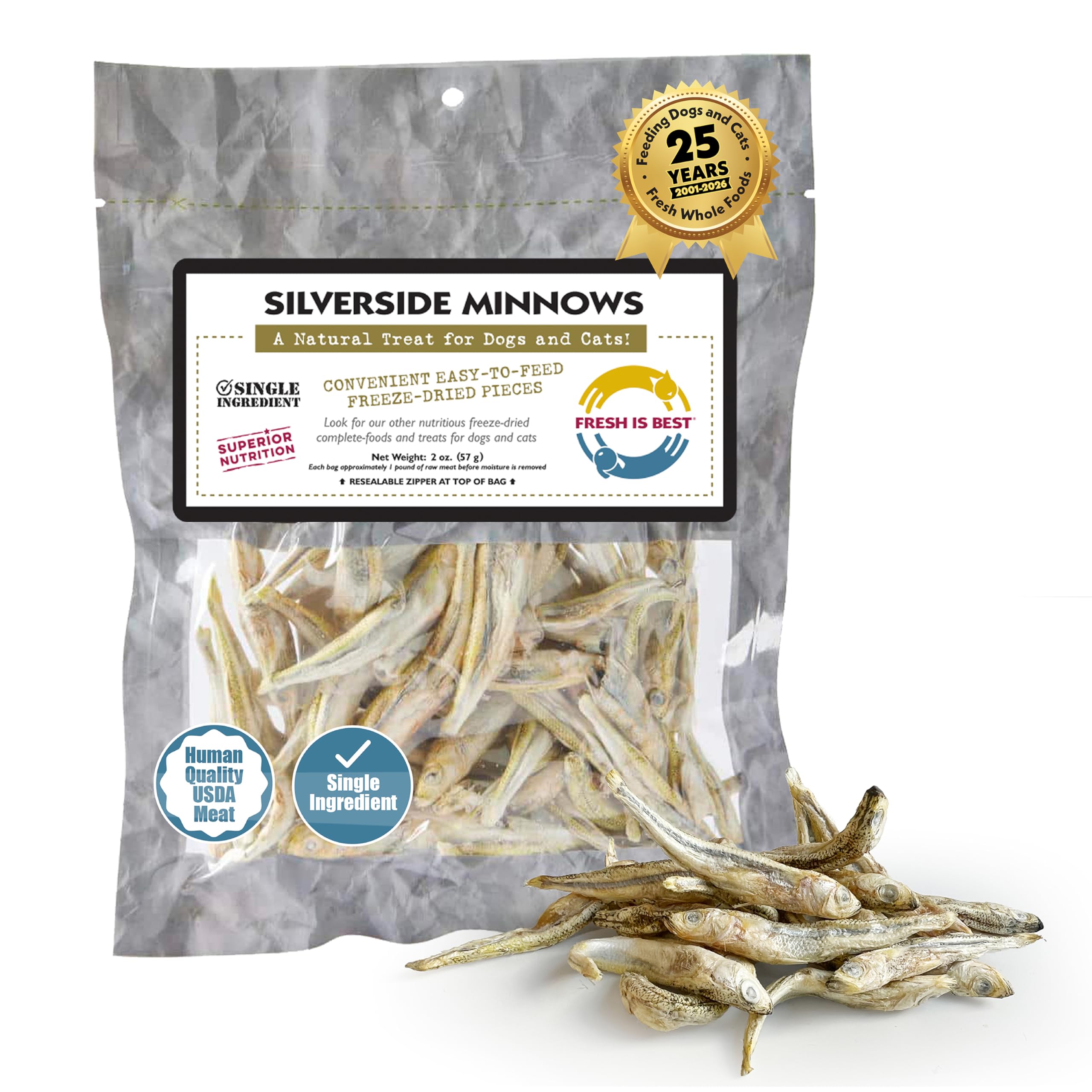 Fresh Is Best Silverside Minnows Freeze Dried Dog Treats – Raw Freeze Dried Cat Treats in Resealable Zipper Bag – High-Protein Minnows for Cats and Dogs – Made in The USA