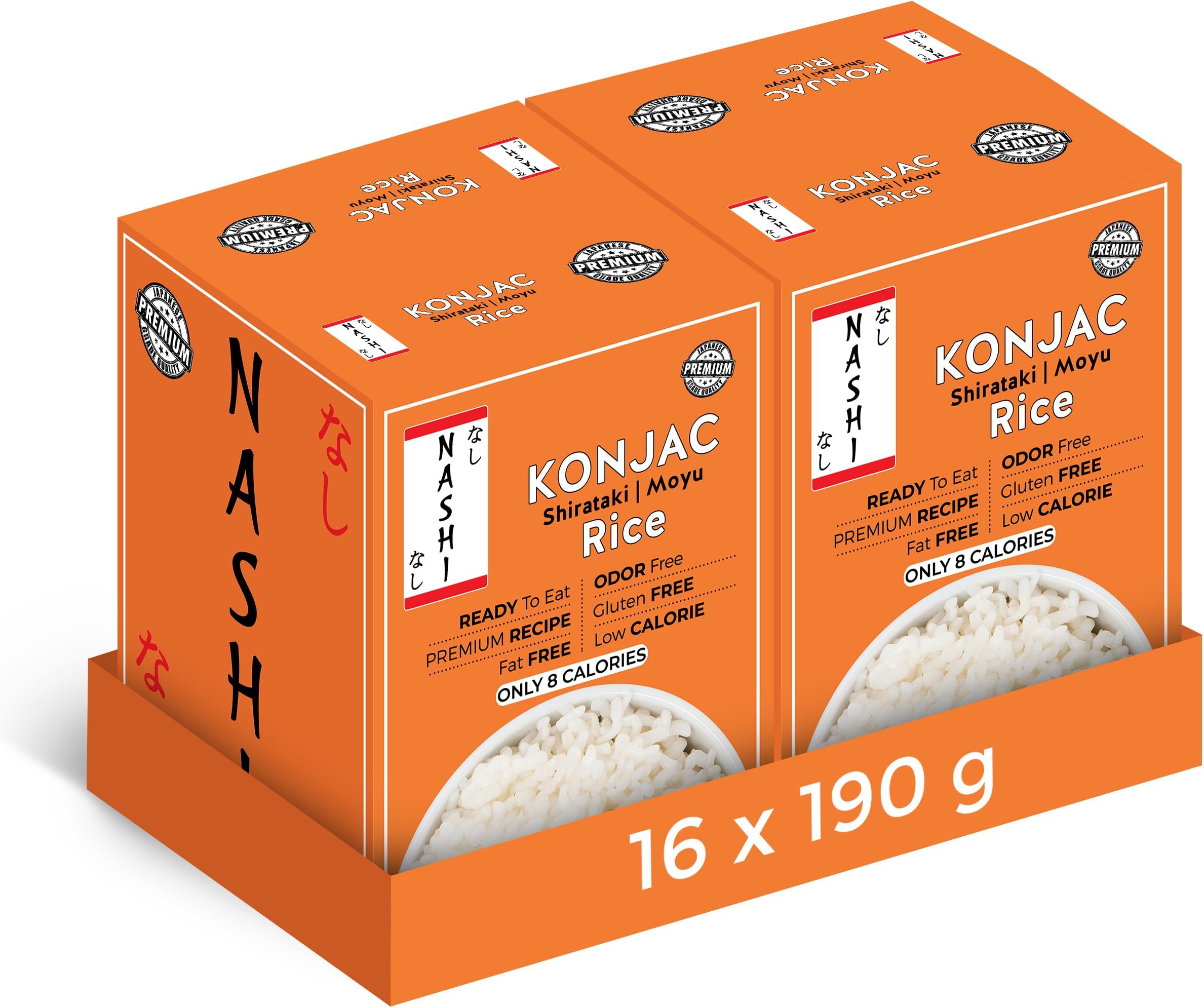 Nashi Shirataki Konjac Moyu Rice (8×190g) X 2 (Pack of 16) - Low Fat, Glucomannan Premium Recipe, Keto Friendly, Suitable for Vegan, Odour Free Low Calorie Food | Ready to Eat