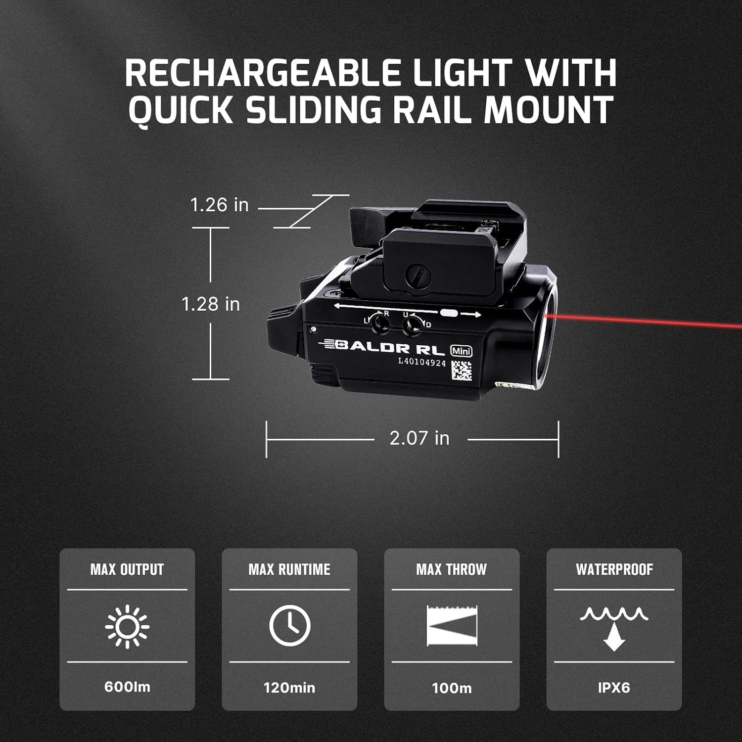 OLIGHT Baldr RL Mini 600 Lumens Compact Rail Mounted Weaponlight with Red Beam and White LED Combo, Magnetic USB Rechargeable Tactical Flashlight with 1913 or GL Rail, Built-in Battery