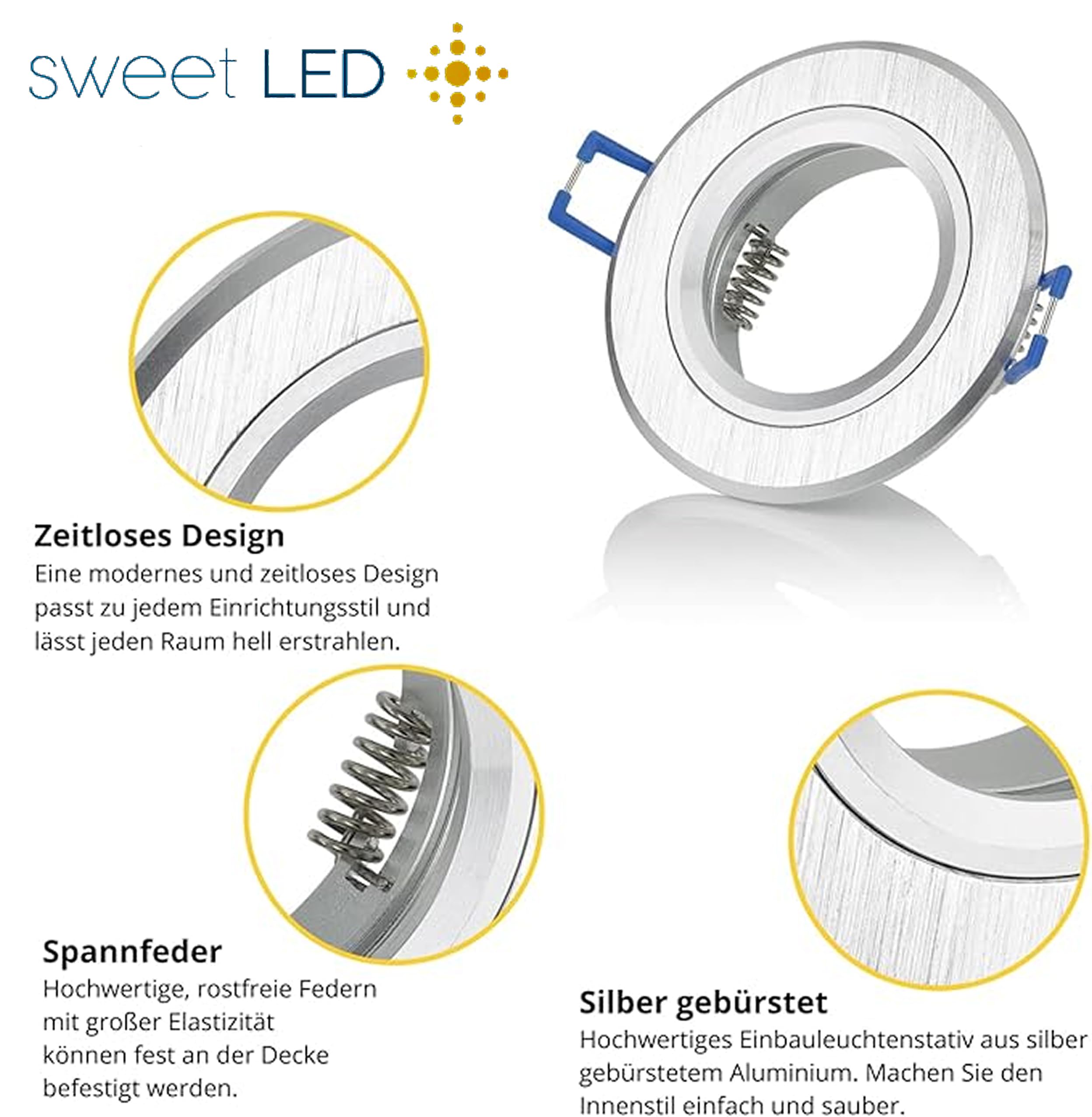 sweet-led zestaw 12-tu ram opraw sufitowych do zabudowy z gniazdem przyłączeniowym GU10 reflektory lampy do zabudowy 230 V okrągłe ramy montażowe sufitowe punktowe, reflektor sufitowy, okrąga lampa sufitowa do wbudowania (okrągłe ramki – szczotkowane sreb