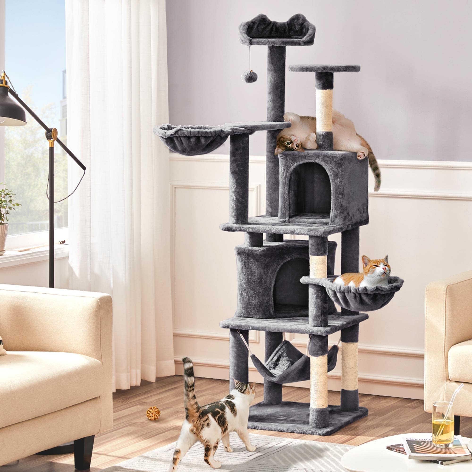 Yaheetech Rascador XXL para Gatos de 175 cm de Altura para Gatos Grandes, árbol de Escalada Estable con columnas de sisal y Plataformas, Hamaca de Peluche, Color Gris Oscuro