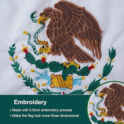Miniatura 2 de SYII Bandera mexicana de 4 x 6 pies para exteriores, bordadas con 2 ojales de latón y rayas cosidas, poliéster 210D resistente