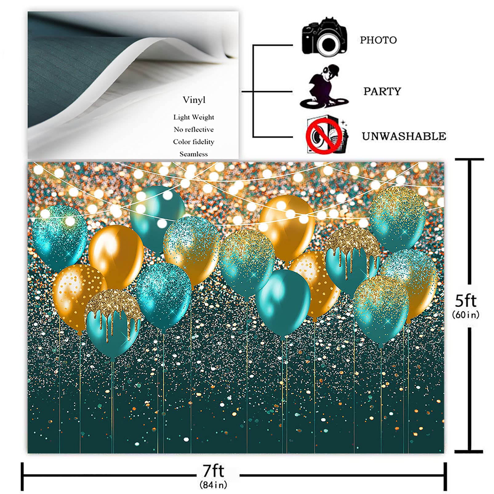 Avezano Teal and Gold Glitter Balloon Backdrop for Women Birthday Party Photography Background Teal Green Confetti Wedding Bday Party Decorations Photoshoot Photobooth (7x5ft)