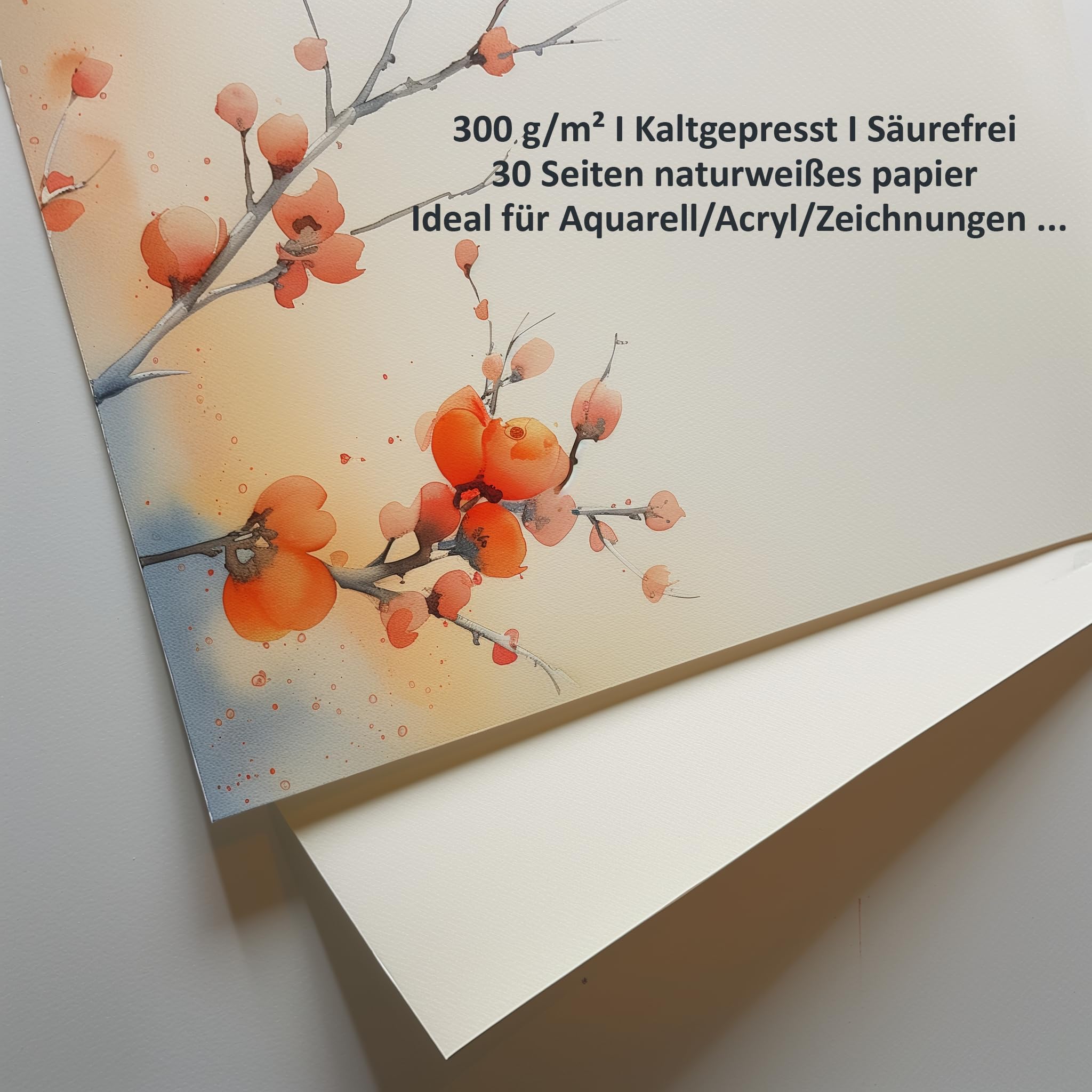 Bloc de papier aquarelle de qualité supérieure - 300 g/m² - 30 pages - Qualité artistique - Sans acide - Pressé à froid - Idéal pour l'aquarelle, les croquis et les médias mixtes (21 cm x 29 cm, lot