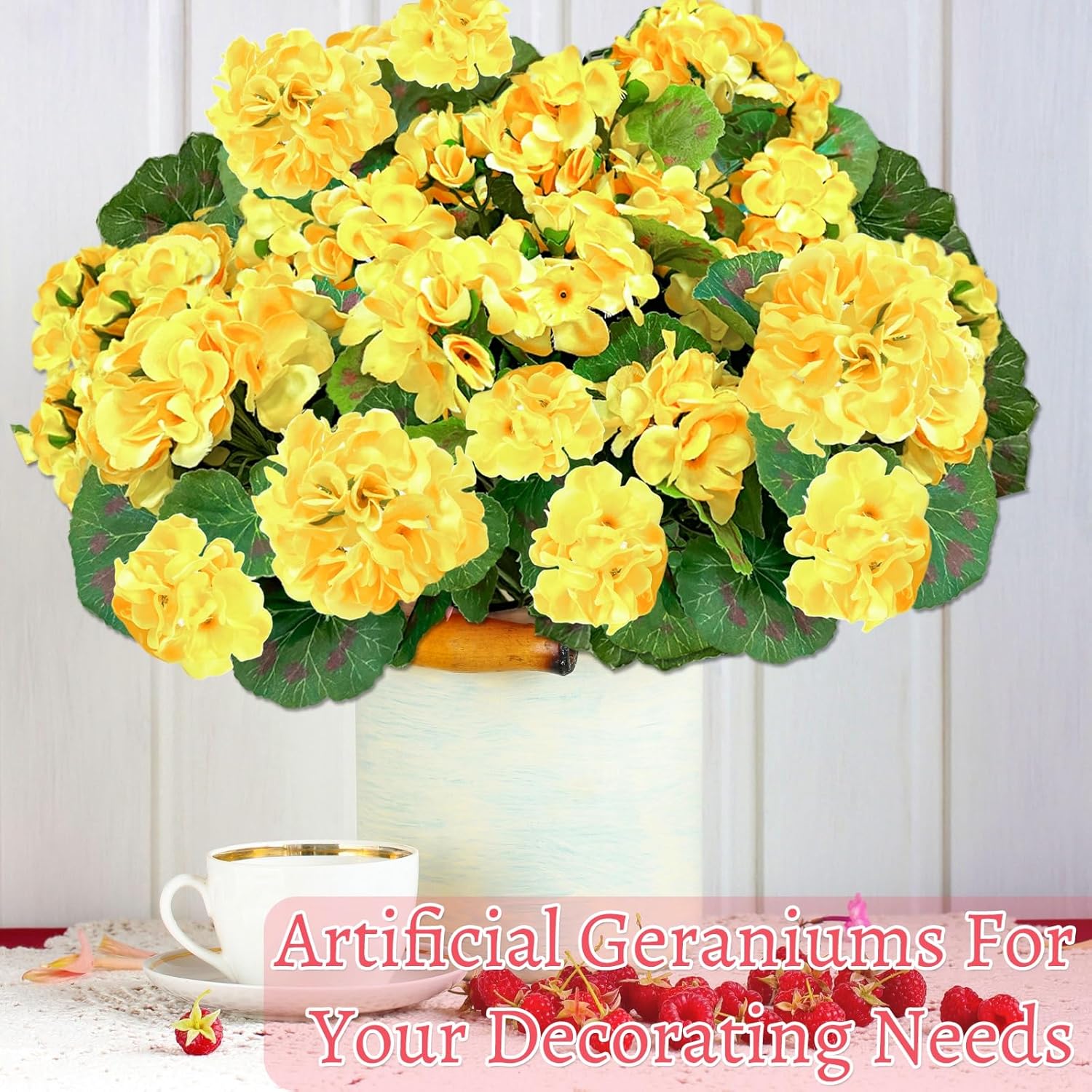 TURNMEON Artificial Geraniums Flowers for Outdoors, 4 Bundles Fake Geraniums Silk Flowers UV Resistant Faux Flowers Plants for Home Planter Gardens Table Porch Cemetery Summer Spring Decor(Yellow) - Image 7