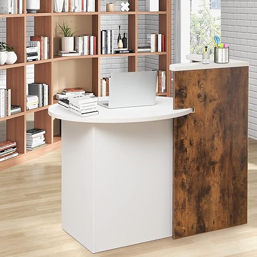 Miniatura 5 de Tangkula Escritorio de recepción mostrador frontal con cajón con cerradura y estante ajustable escritorio ovalado mostrador de venta al por menor