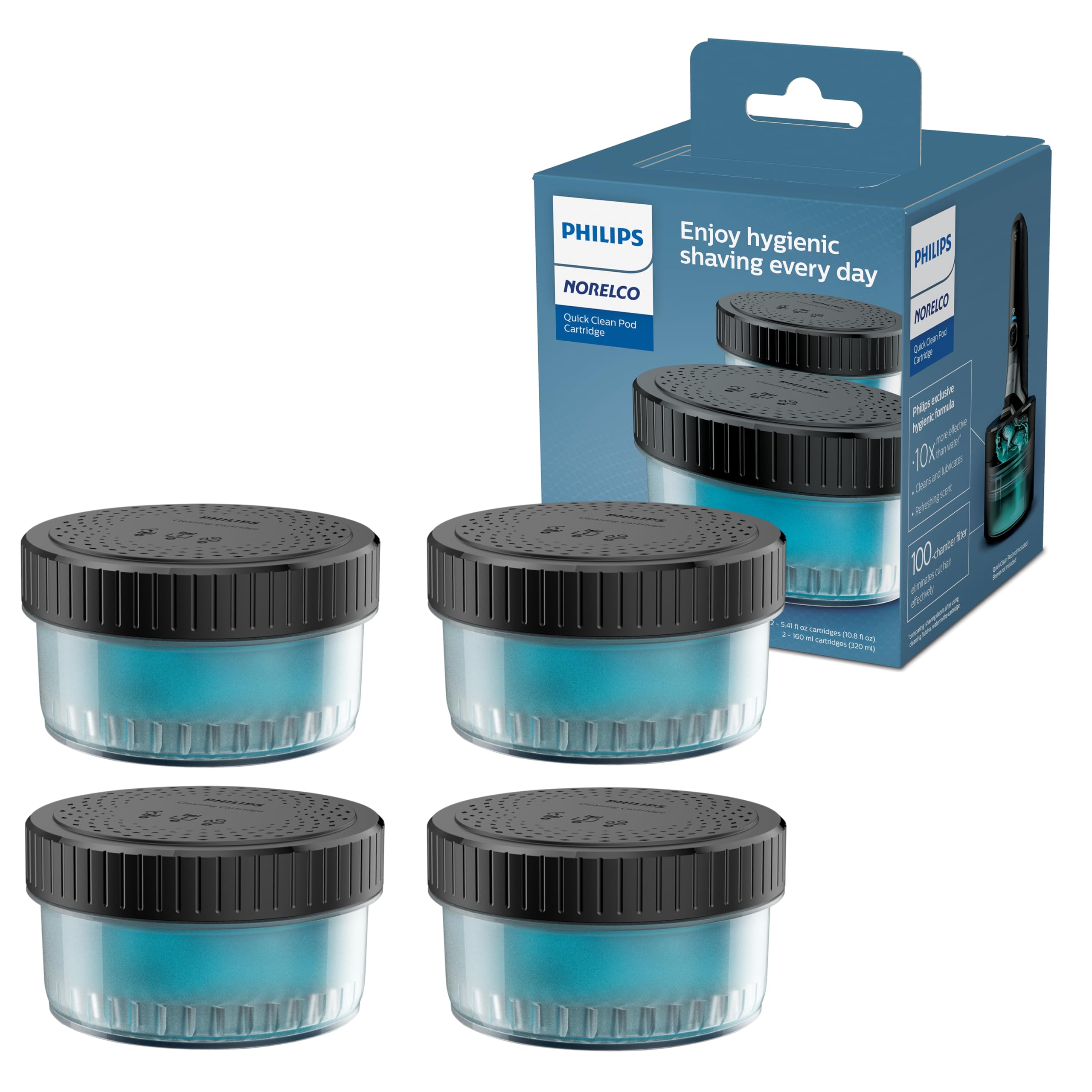 Norelco Philips Quick Clean Pod Cartridge, Lubricates Shaver & Eliminates Cut Hair, 4x 5.4 fl oz Cartridges (Up to 1yr Supply), BD9010AZ