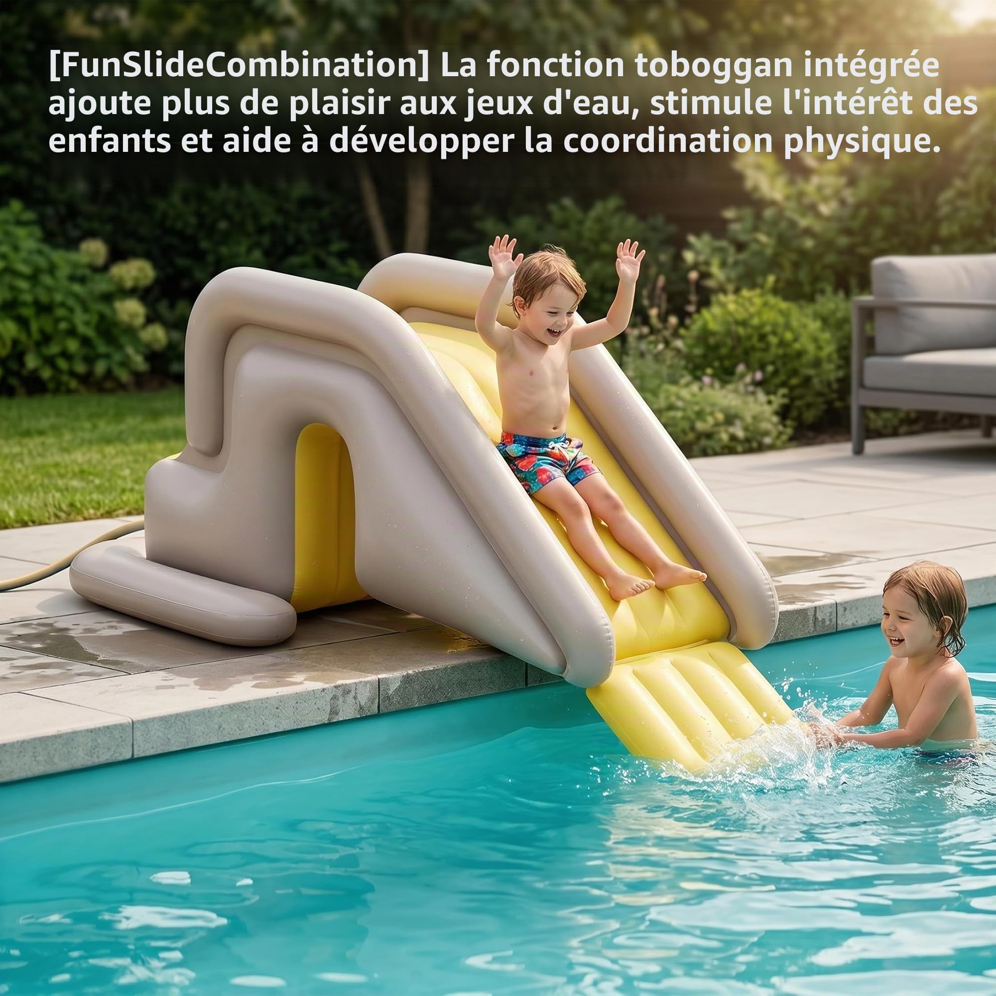 Toboggan Gonflable pour Piscine Ponton Gonflable avec Large Base d'eau Installation Facile en PVC intérieur/extérieur pour Enfants et Adultes, Kaki, Comprend Une Pompe à Pied