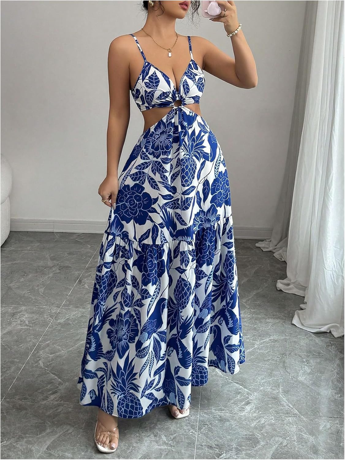 SOLY HUX Women's Boho Floral Print Ruffle Dress Tie Backless Deep V Neck Flowy Maxi Vacation Sundress - Image 4