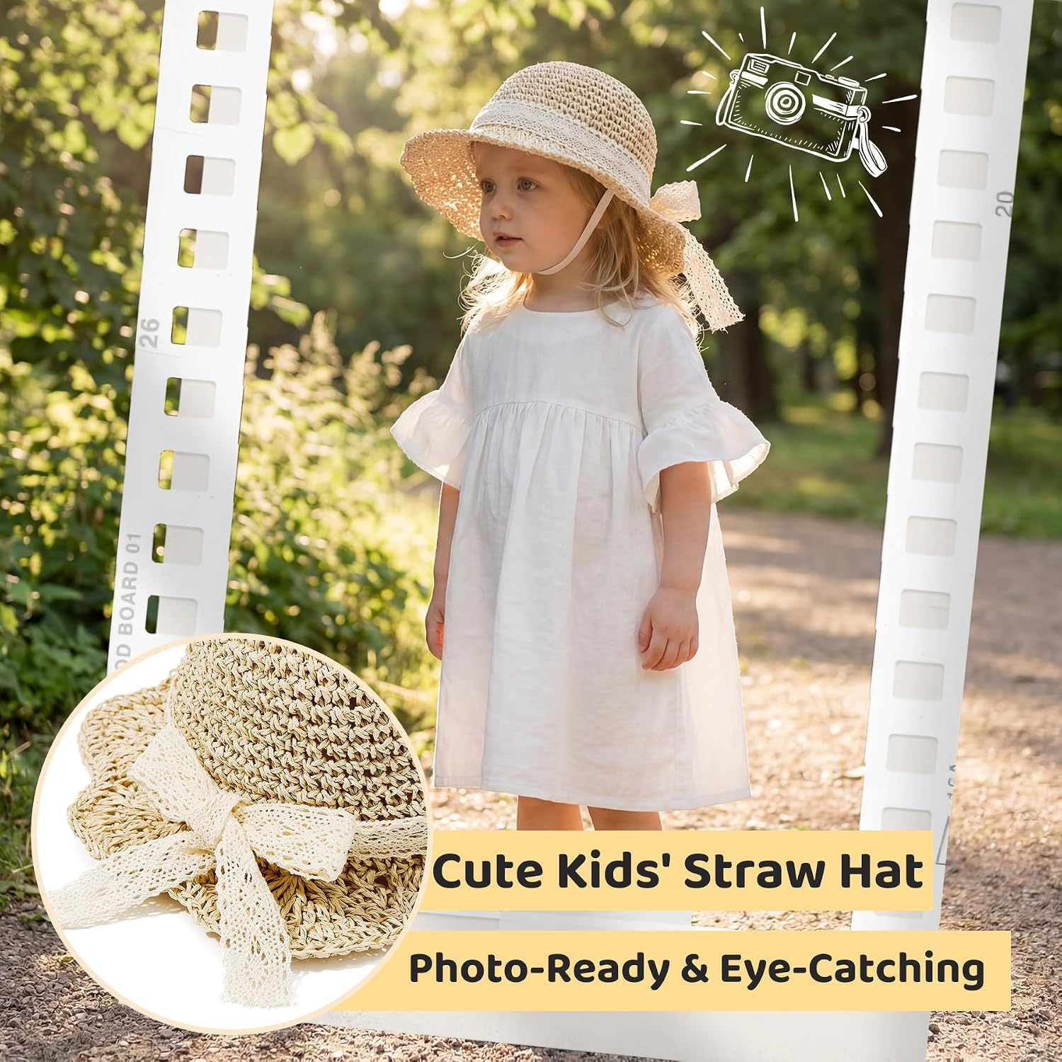 Zando Toddler Girl Straw Sun Hat with Lace Bow, Wide Brim Baby Beach Hat, Adjustable Sun Hats for Outdoor Photo Vacation