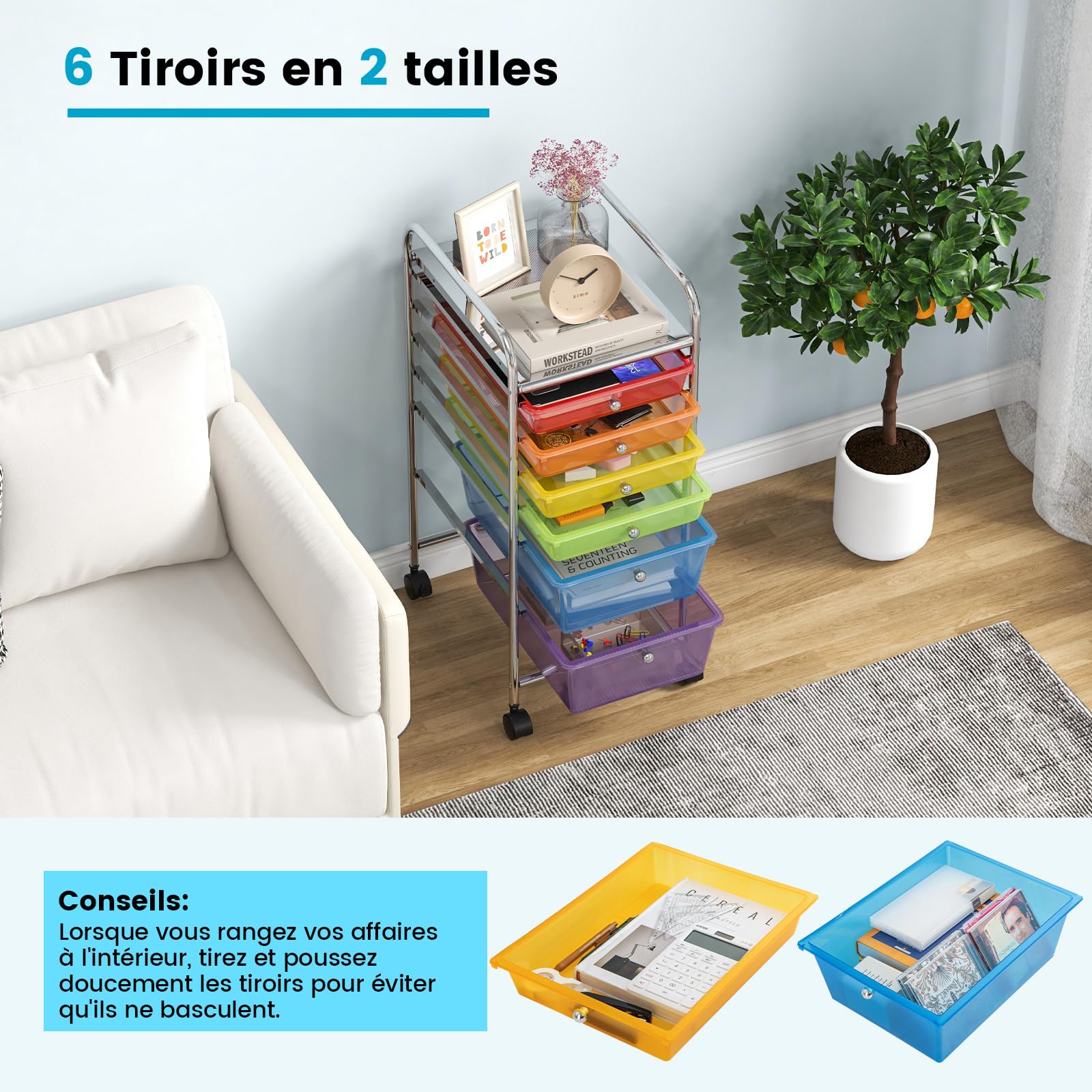 Chariot De Rangement à 12 Tiroirs Avec Roulettes - Dimensions 76,7 X 31,6 X 77 Cm - Plan De Travail Imitation Bois - Multicolore