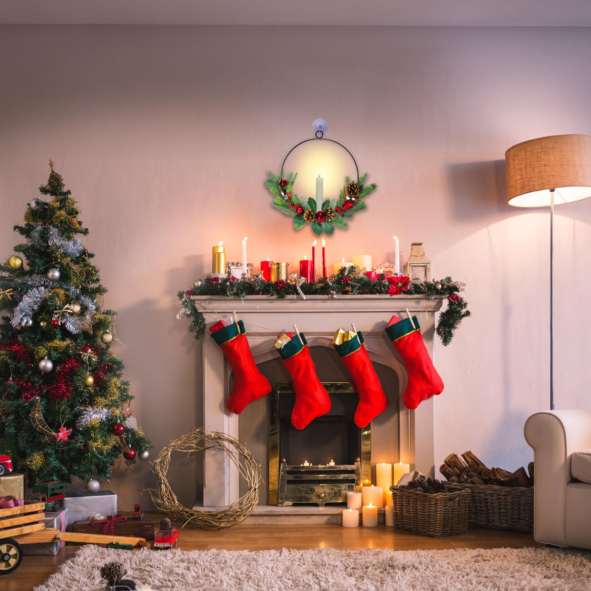 Lot de 2 couronnes de Noël pour porte d'entrée avec bougies coniques à DEL de 40,6 cm pour fenêtre avec lumière et télécommande à piles - Décorations de Noël d'extérieur