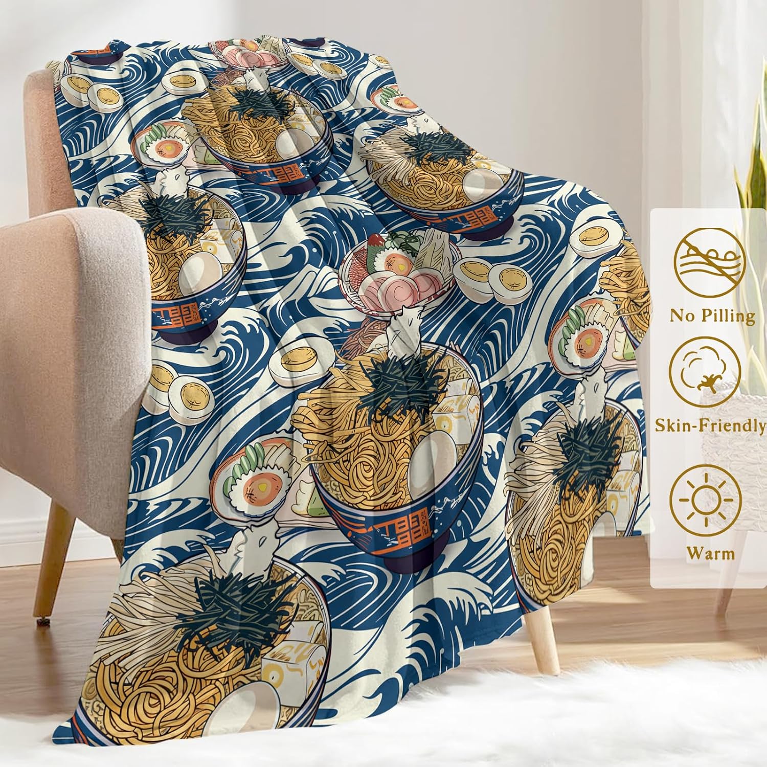Ramen Throw Blanket 50x60 in, Delicious Noodle Blue Waves Pattern Blankets for Couch Bedroom Living Room Indoor Decor, Lightweight Soft Cozy Bedding Birthday Gift for Kids Boys Adults