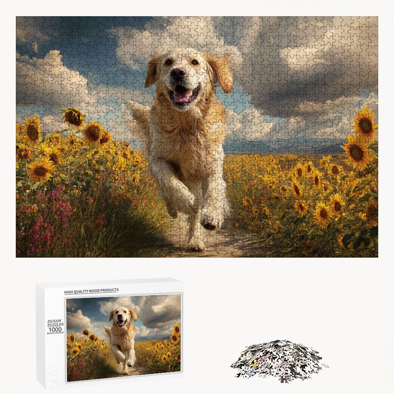 Puzzle 2000 elementów - pies i słonecznik - trwałe drewniane puzzle z literami z tyłu - 75 x 105 cm - Kreatywne hobby bez kurzu - artykuły kolekcjonerskie i 14 lat w ponad P3#343