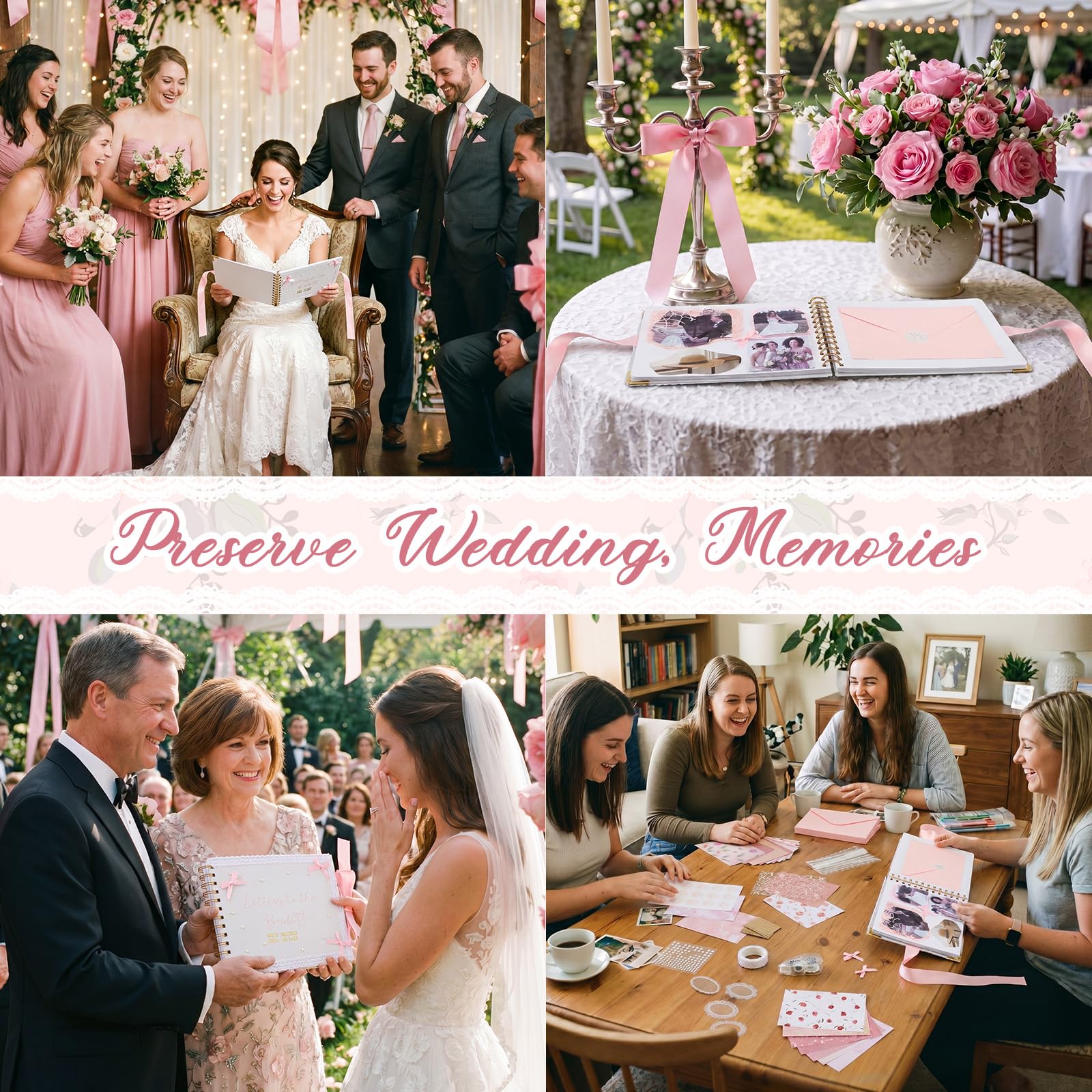 Humyoun Libro de invitados de boda con letras a la novia, álbum de recuerdos de boda, álbum de recortes, álbum de fotos, letrero de invitados con calcomanías de perlas (8.5 x 7 pulgadas, lazo, rosa)