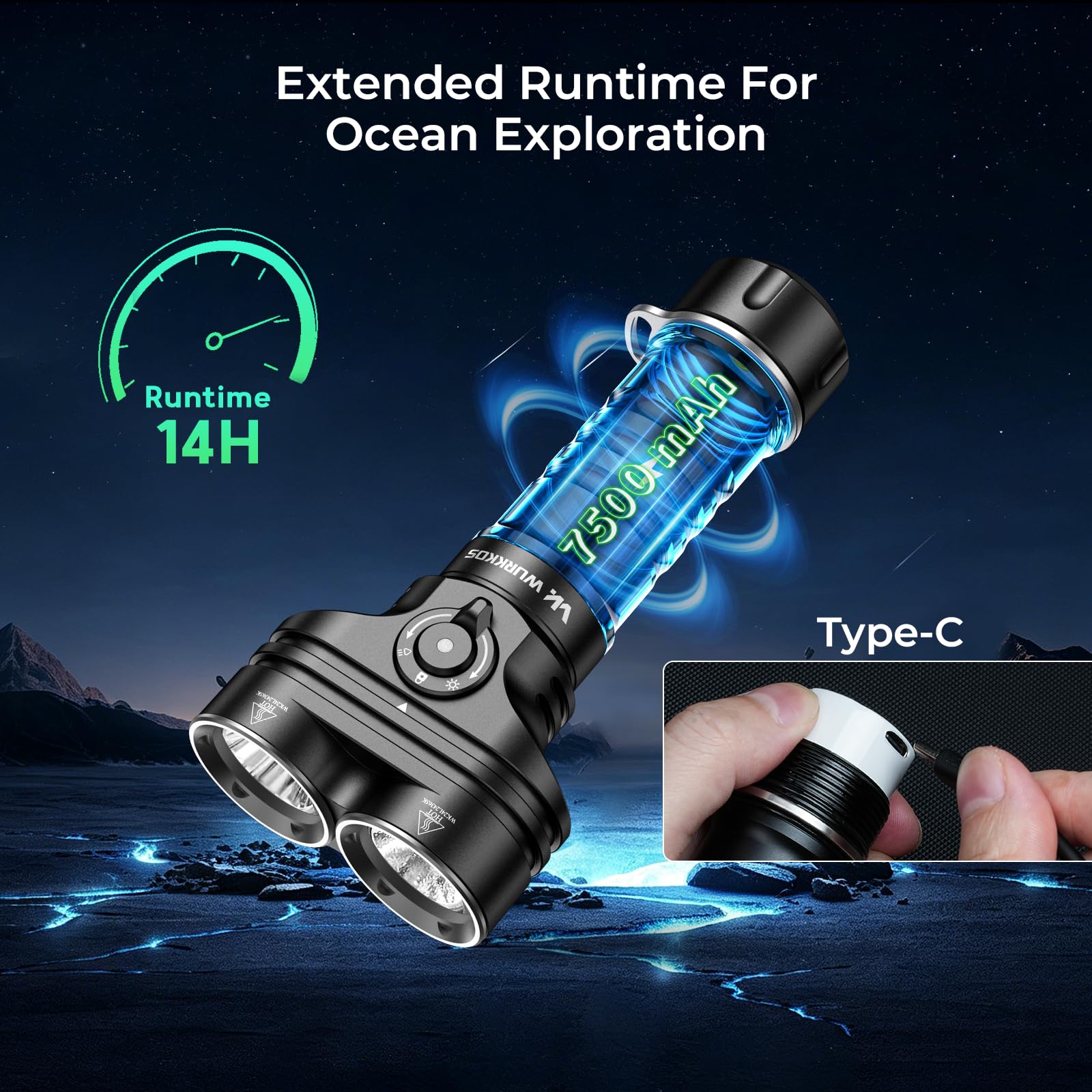 Wurkkos DL05 Faro subacqueo 6000 LM, torcia LED ricaricabile IPX8 100m Type-C