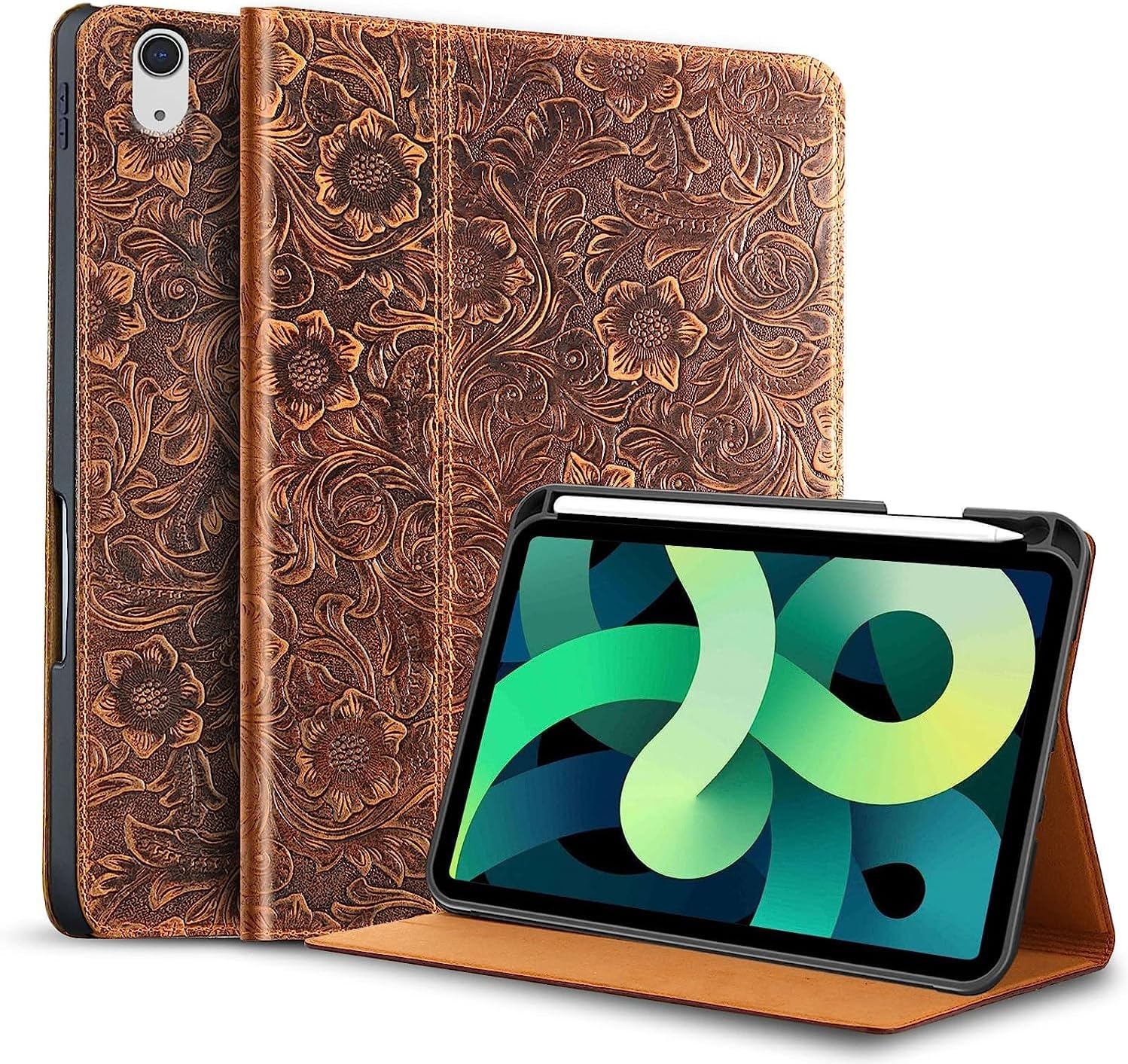 Gexmil Leather Case for iPad Air 11 Inch M4/M3/M2 (2026/2025/2024),iPad Air 10.9 Inch 5th/4th Generation 2022/2020, Top Grain Leather Cover with Pencil Holder,Auto Sleep/Wake,Pattern-Brown