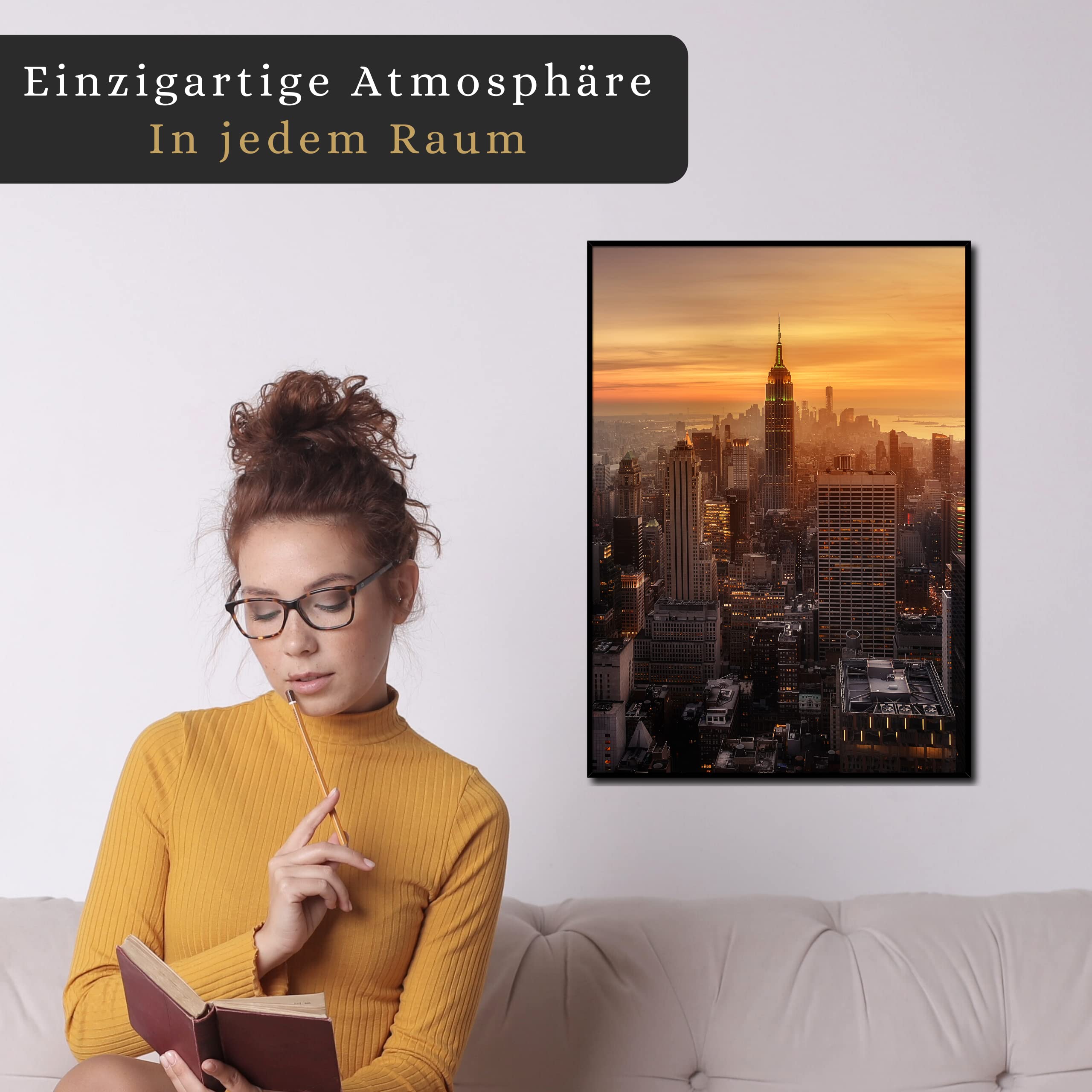 daazoo Wandbild Empire State Building Sunset | 50 x 70 cm Hochformat | Bild mit Rahmen schwarz Hochformat | groß XXL City | New York Wahrzeichen Skyline | Wohnzimmer Büro