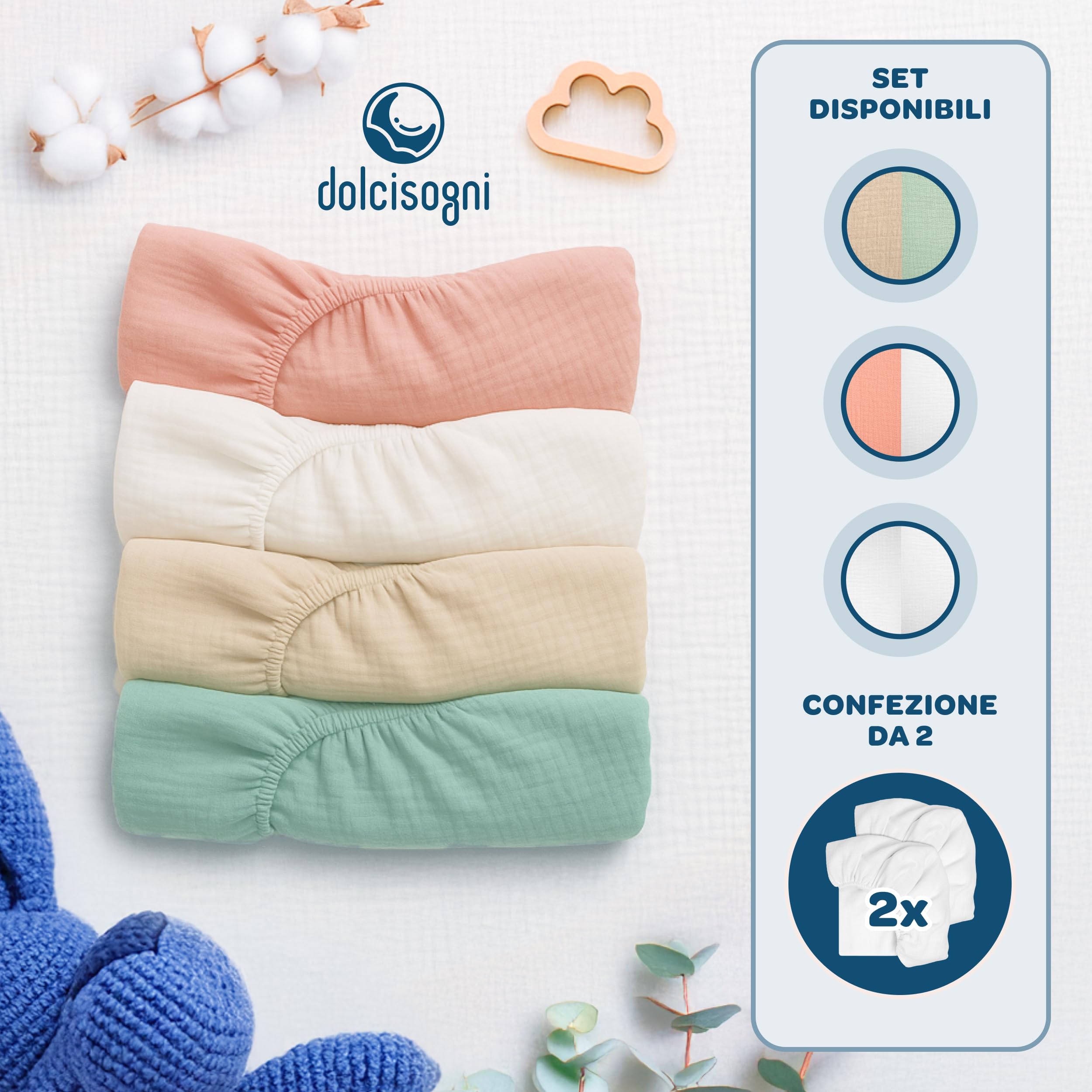 DOLCI SOGNI - Set Lenzuola Lettino 70x140 In Mussola Di Cotone Con Angoli Elasticizzati - Lenzuola per Lettino Asilo e Brandina con Lenzuolo 70x140 - Certificato Oeko-TEX - 1 x Sabbia + 1 x Menta