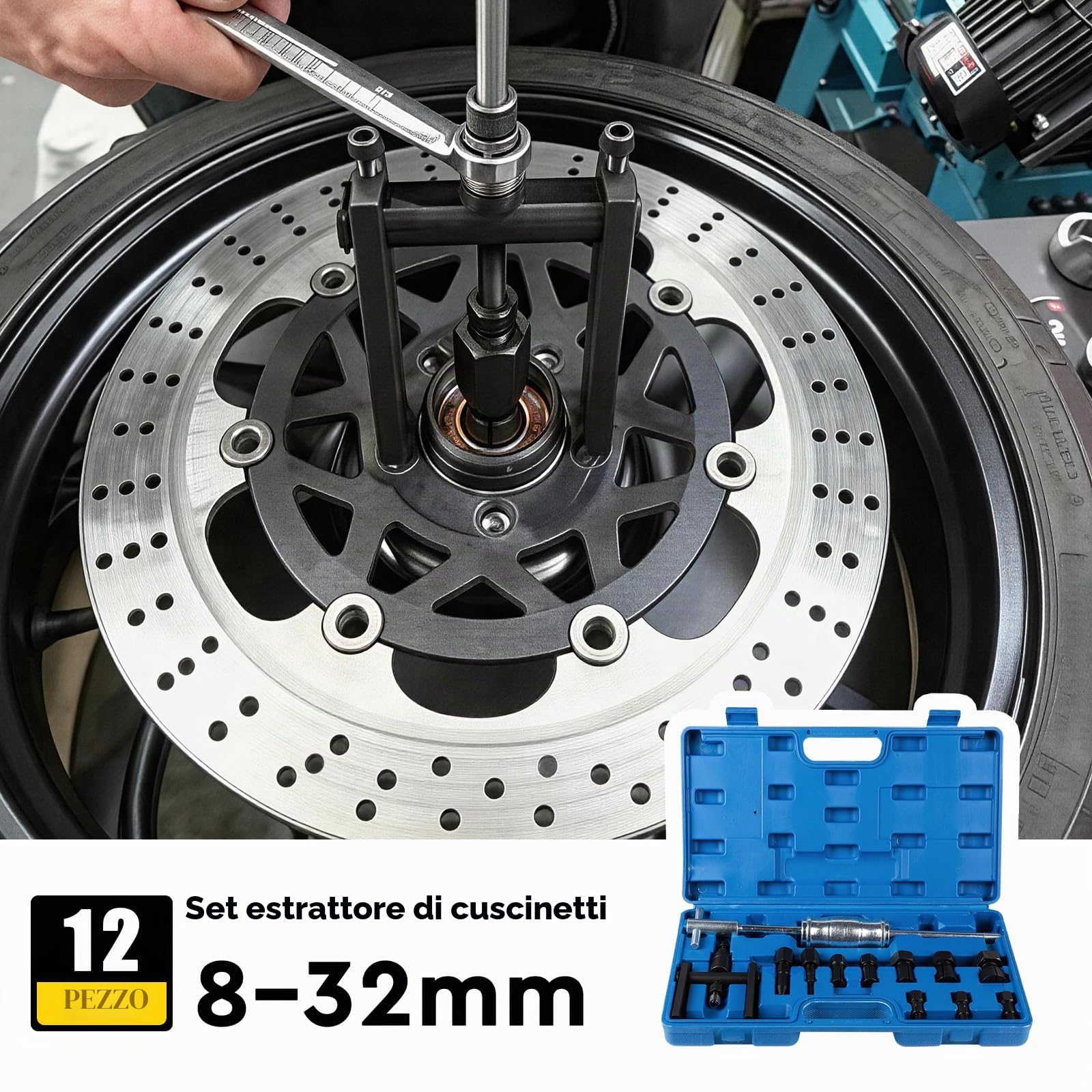 Set di 12 Estrattore Cuscinetti Interno, Utensile Estrazione Cuscinetti con 8 Ganasce espandibili (8–32 mm), Estrattore a Due Griffe e Martello Scorrevole, Levacuscinetti per Bici, Moto, Auto
