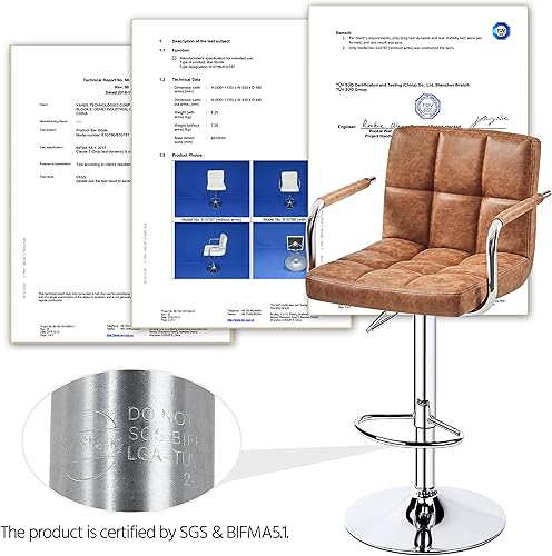 Miniatura 7 de Topeakmart Juego de 2 taburetes de cuero sintético con altura de asiento ajustable con respaldo y brazos, taburete giratorio de 360 elegante, marrón