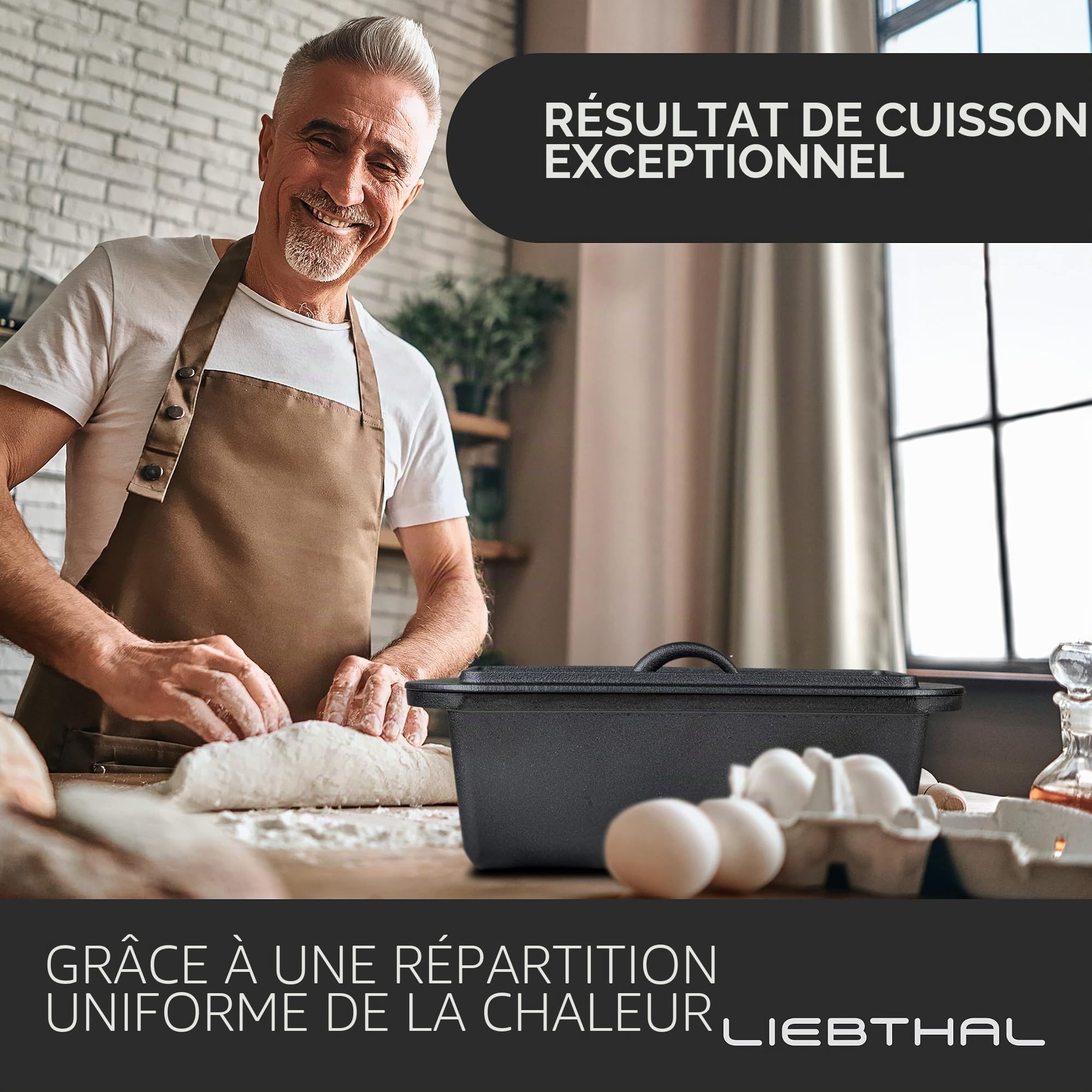 LIEBTHAL Moule à pain avec couvercle, ajustement parfait, insert en silicone antiadhésif, casserole en fonte pré-enduite, 3,5 L, moule à pain pour rôtir, cuire et braiser