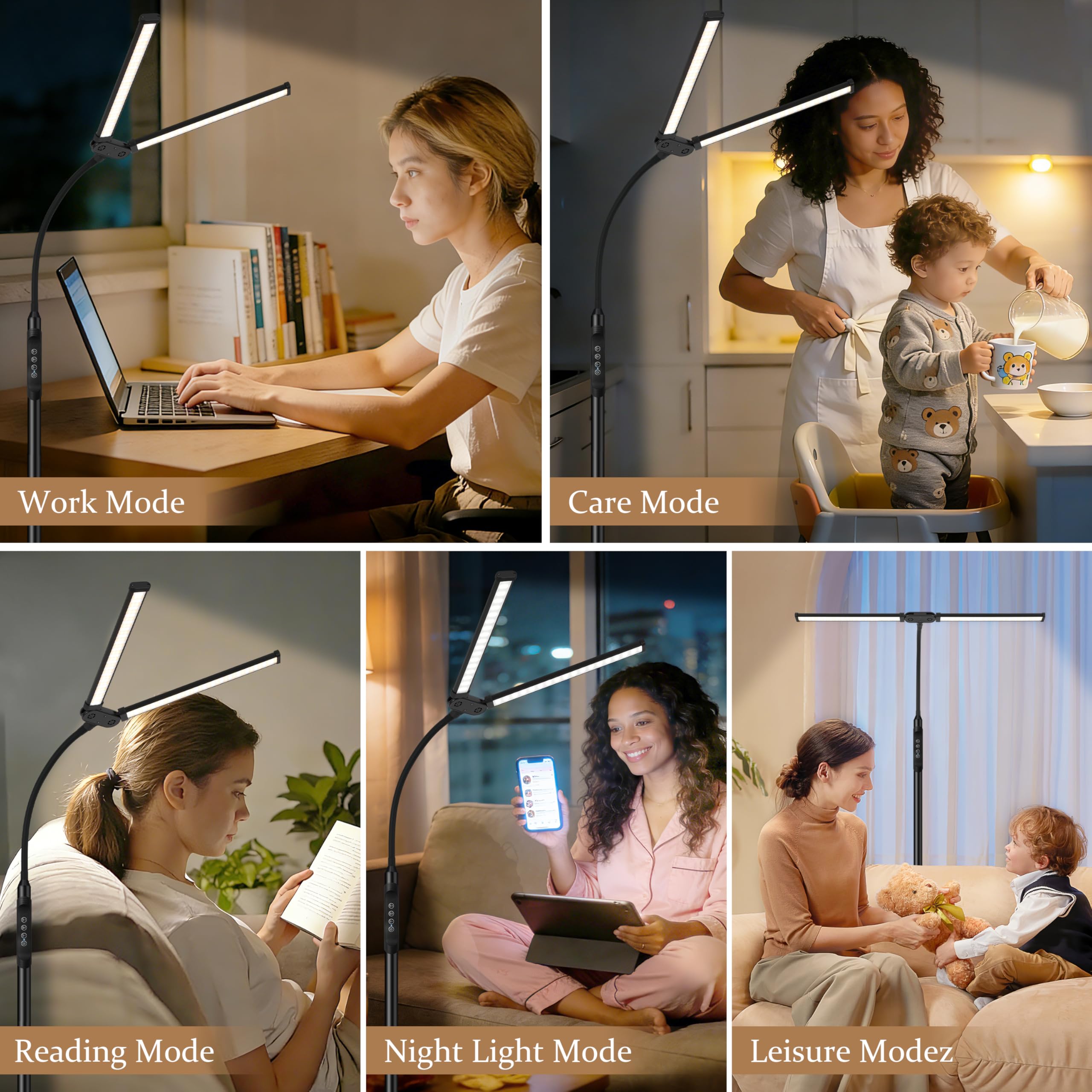 Augenschonende Stehlampe für den Innenbereich, 3000K–6000K und Helligkeit einstellbar, Fernbedienung und Touch-Bedienung, Leselampe mit verstellbarer Höhe, flexibler Schwanenhals für Wohnzimmer und Sc