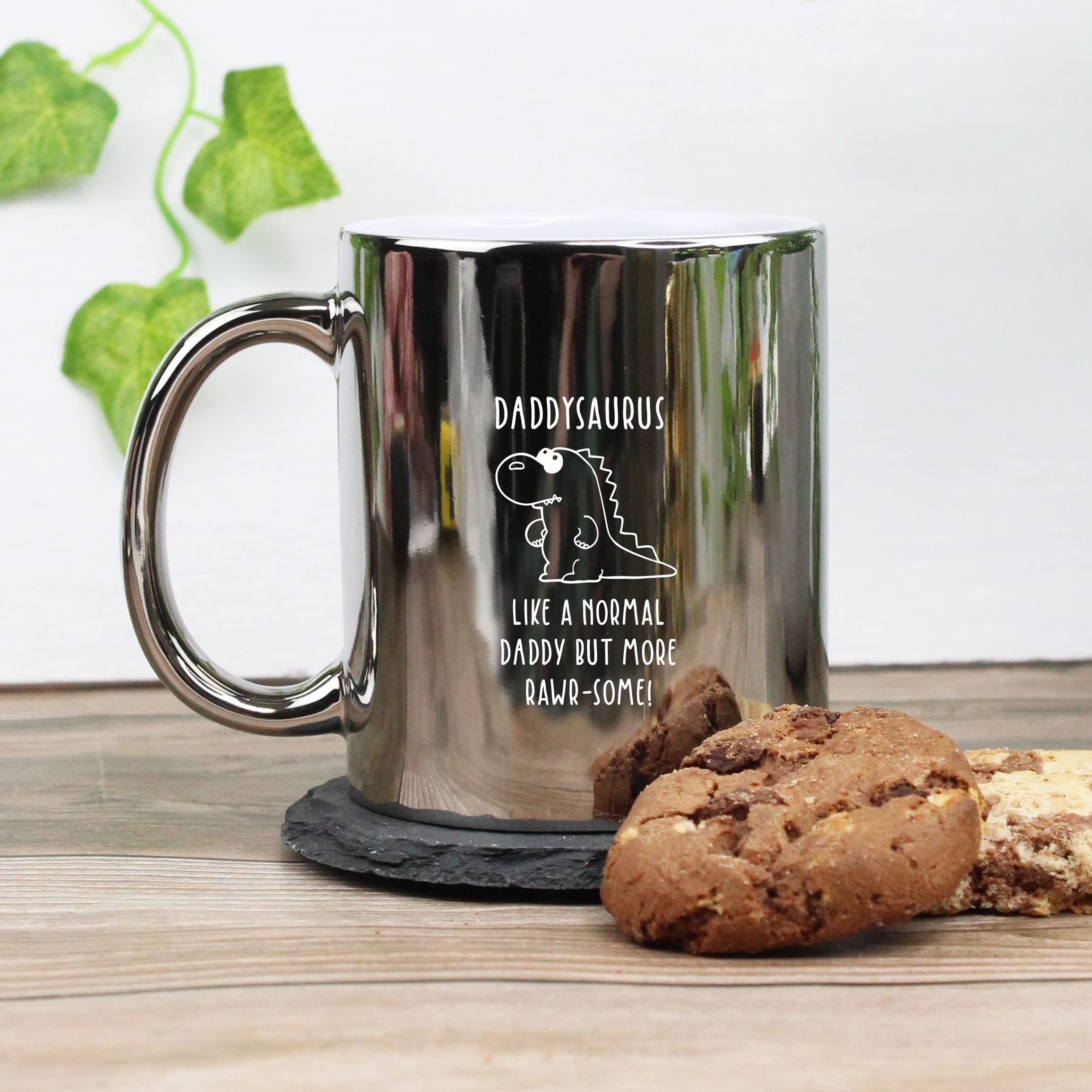 eBuyGB Daddysaurus Mug, Daddy Mug, Dinosaur Mug, Engraved Shiny Silver Metallic Coffee Mug, Father's Day Gift, Dad Birthday Gift, Funny Mug Present