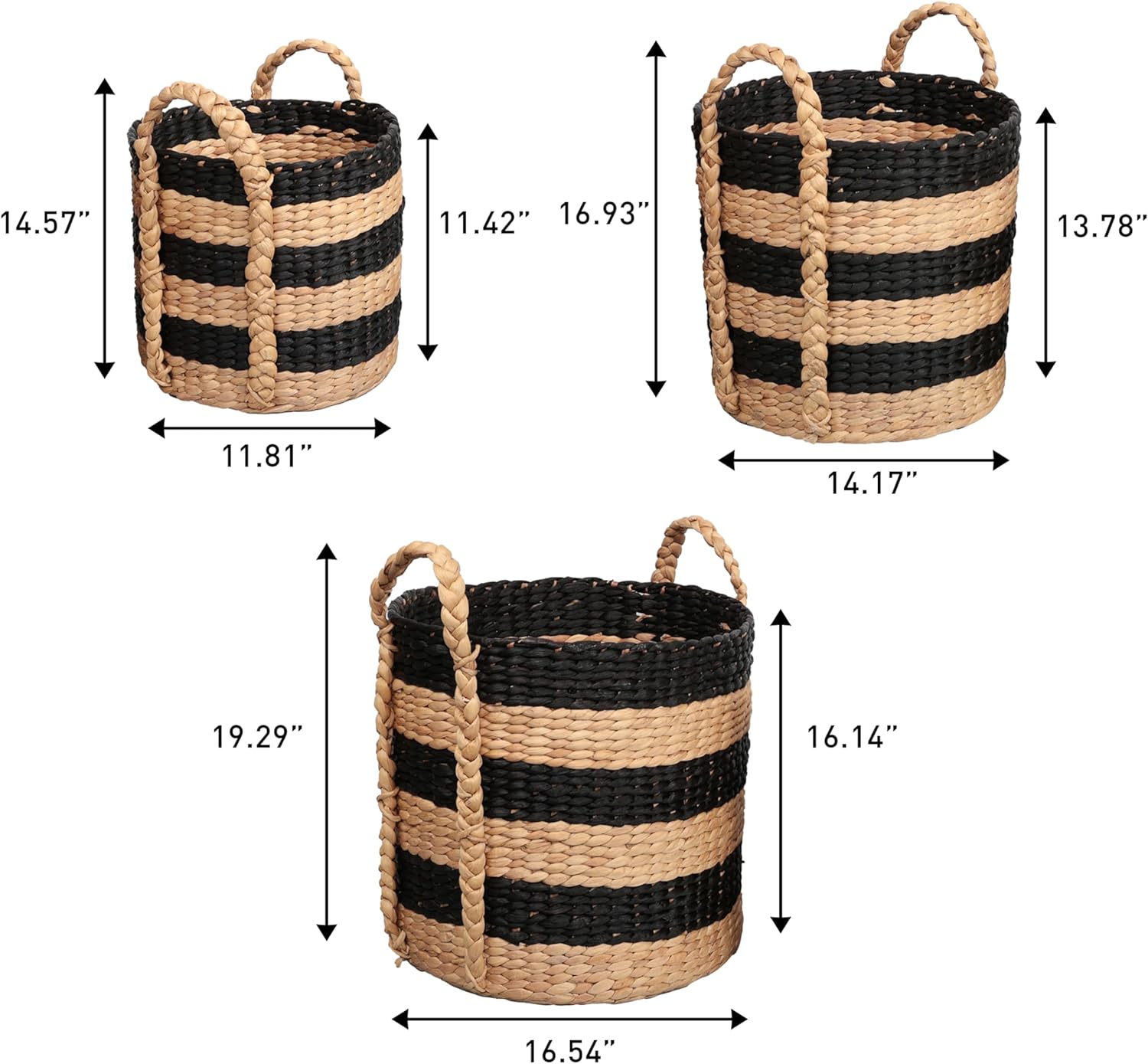 happimess BSK2018C-3SET Willow Rustic Cottage Stripe Handwoven Water Hyacinth Nesting Storage Baskets with Handles, Seagrass Containers for Decoration in Living Room Bedroom, Black/Natural (Set of 3)