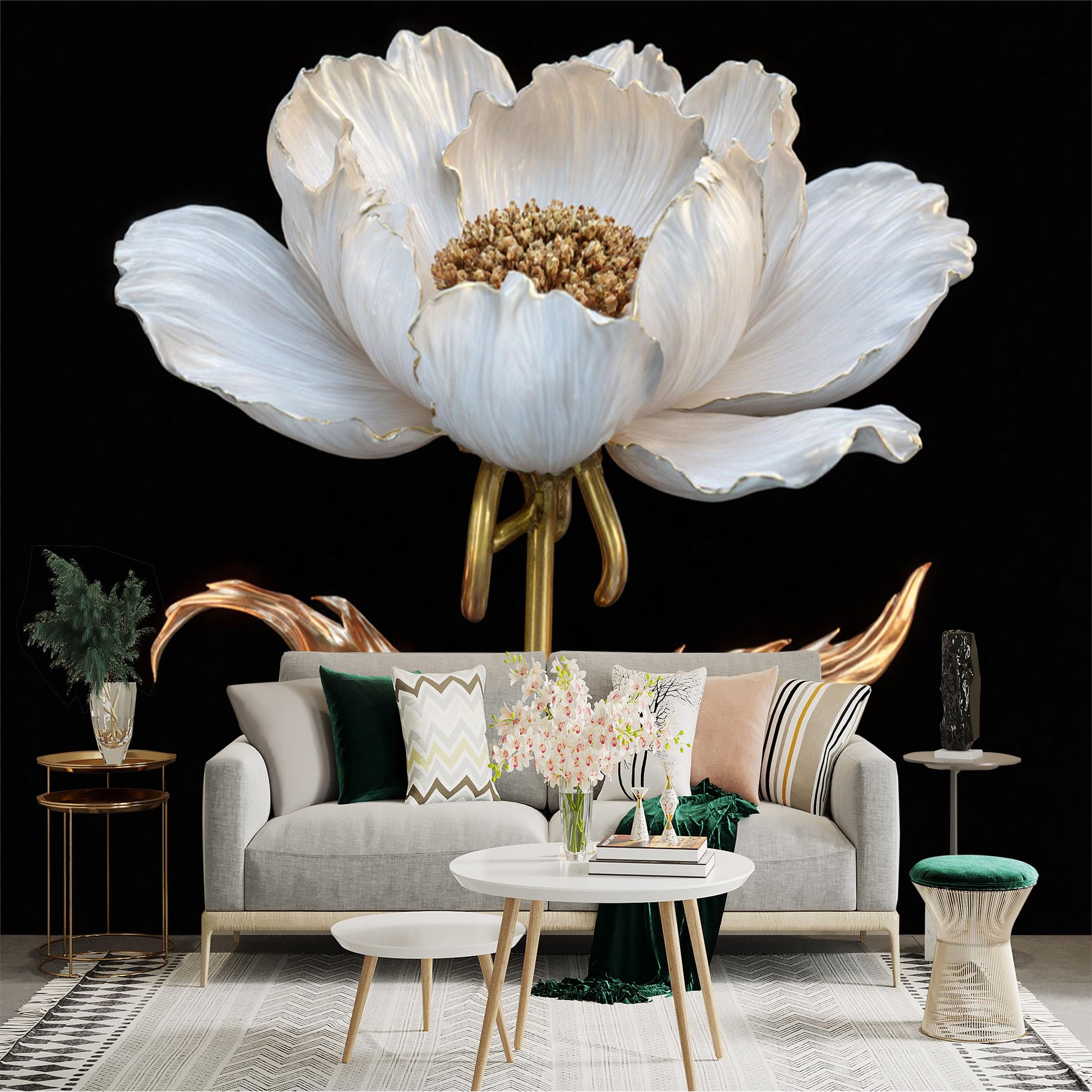 Custom Size Wall Sticker Mural， Elegant White Blooming Flower， Gold Petal Texture， Modern Botanical Art， Luxury Black Background， for wall Decoration， peelandstick wall Decals.