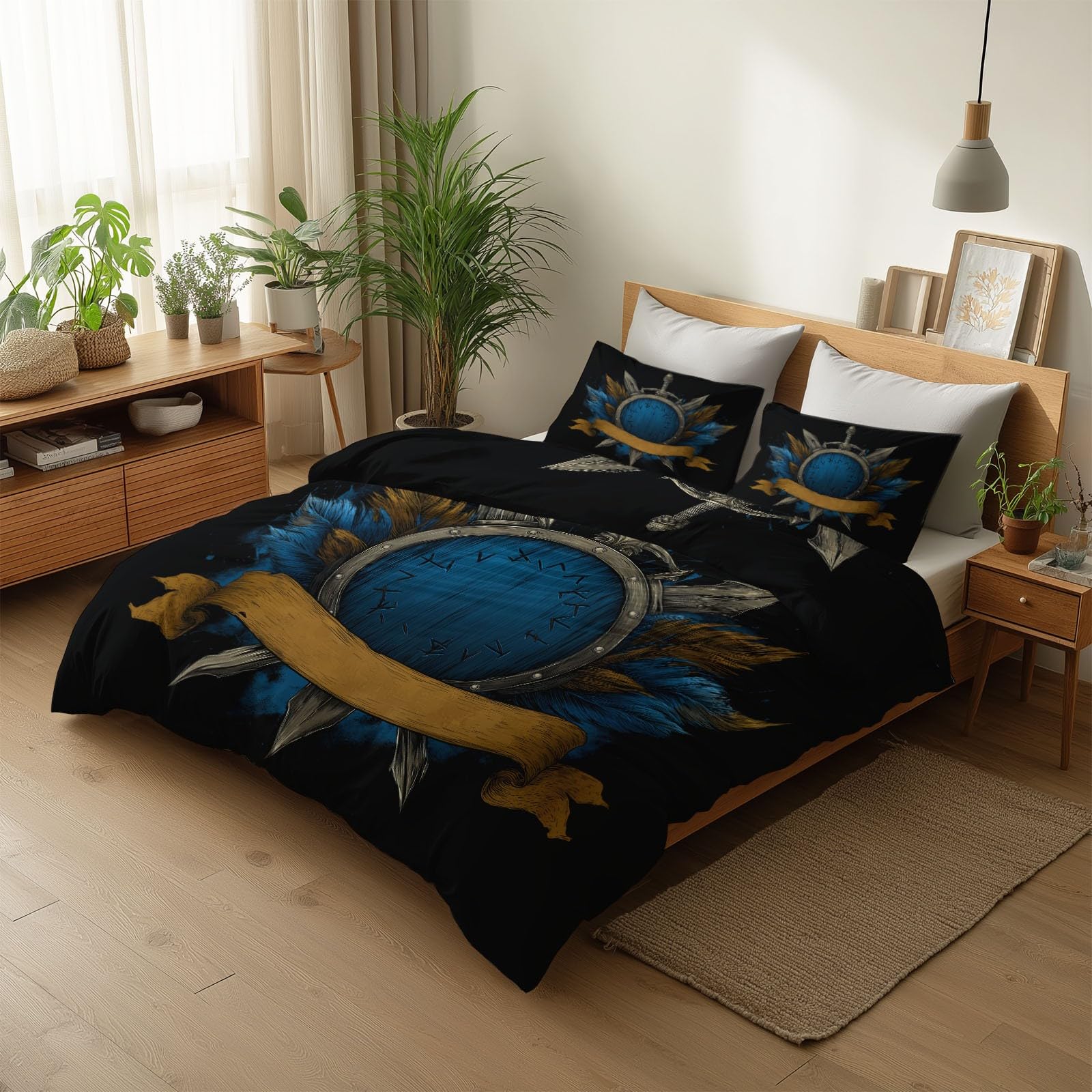 Poszwa na kołdrę 105 Vintage Miecz i Pióro Tarcza 200 x 200 cm Miękki Zestaw Pościeli, Czarny Zestaw Poszewek Z Mikrofibry Edredon i 2 Poszewki Na Poduszki Łatwa Pielęgnacja