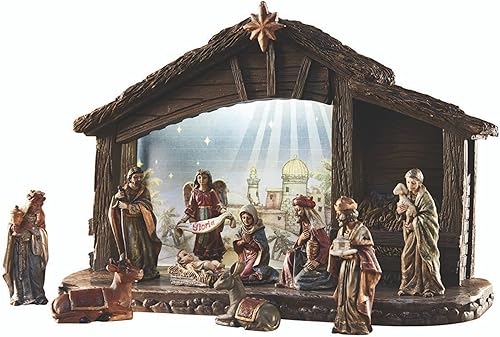 Avalon Gallery - Juego de Belén para Navidad, belén iluminado con luz LED, escala estable, de 3 pulgadas, 11 piezas