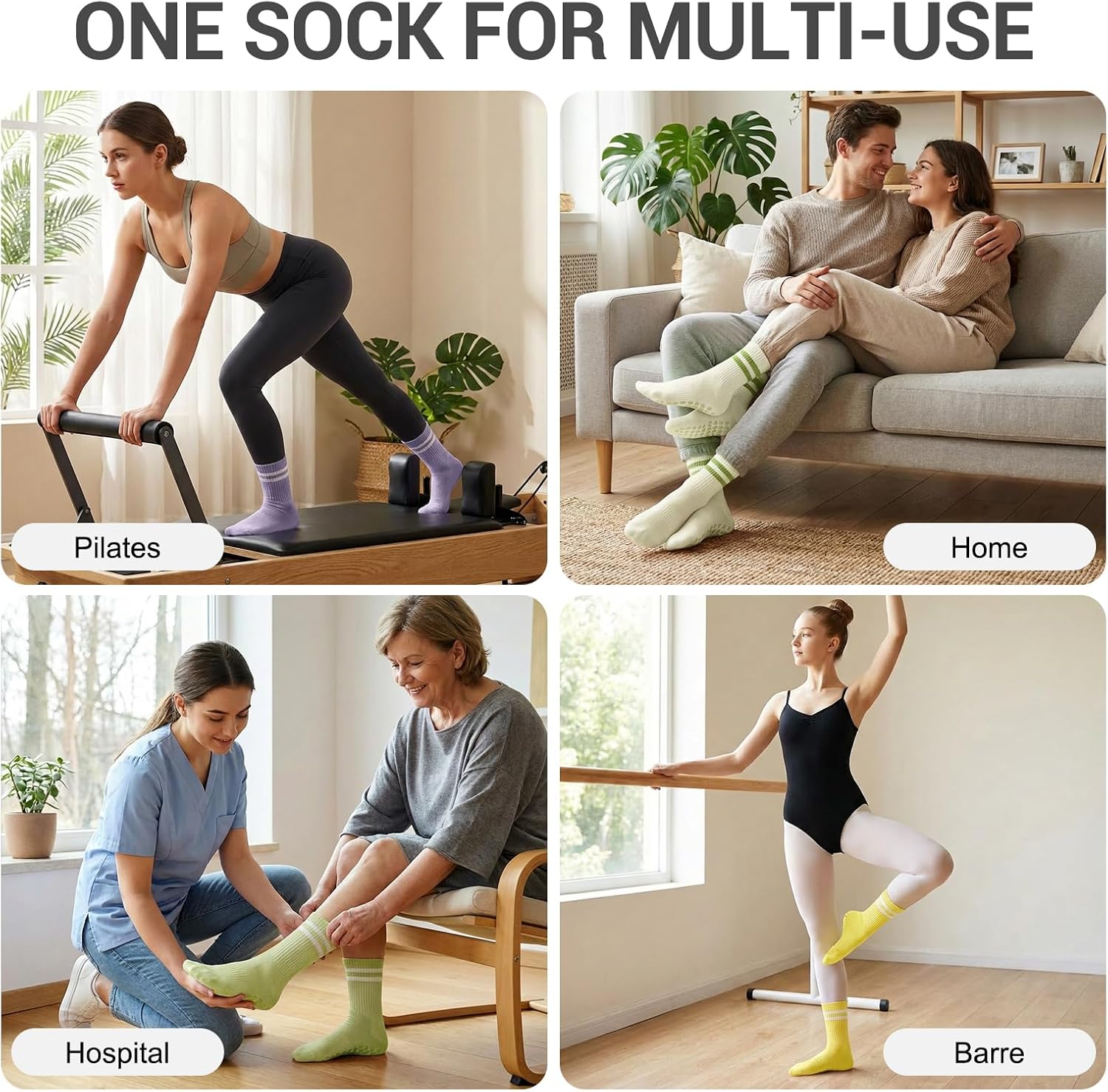 4 Pack Pilates Crew Grip Socks for Women Non Slip Sticky Grippers Yoga Barre Slipper for Hospital Maternity Elderly - Image 6