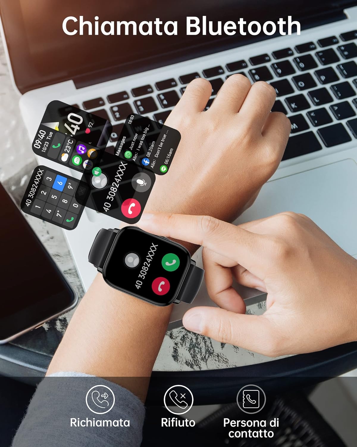 Smartwatch Chiamate Bluetooth,1,85 HD Schermo Tattile Orologio Smart Watch Uomo Donna,IP68 impermeabile,Con cardiofrequenzimetro/ossigeno nel sangue/contapassi/monitoraggio del sonno per Android IOS Smartwatch Chiamate Bluetooth,1,85 HD Schermo Tattile Orologio Smart Watch Uomo Donna,IP68 impermeabile,Con cardiofrequenzimetro/ossigeno nel sangue/contapassi/monitoraggio del sonno per Android IOS